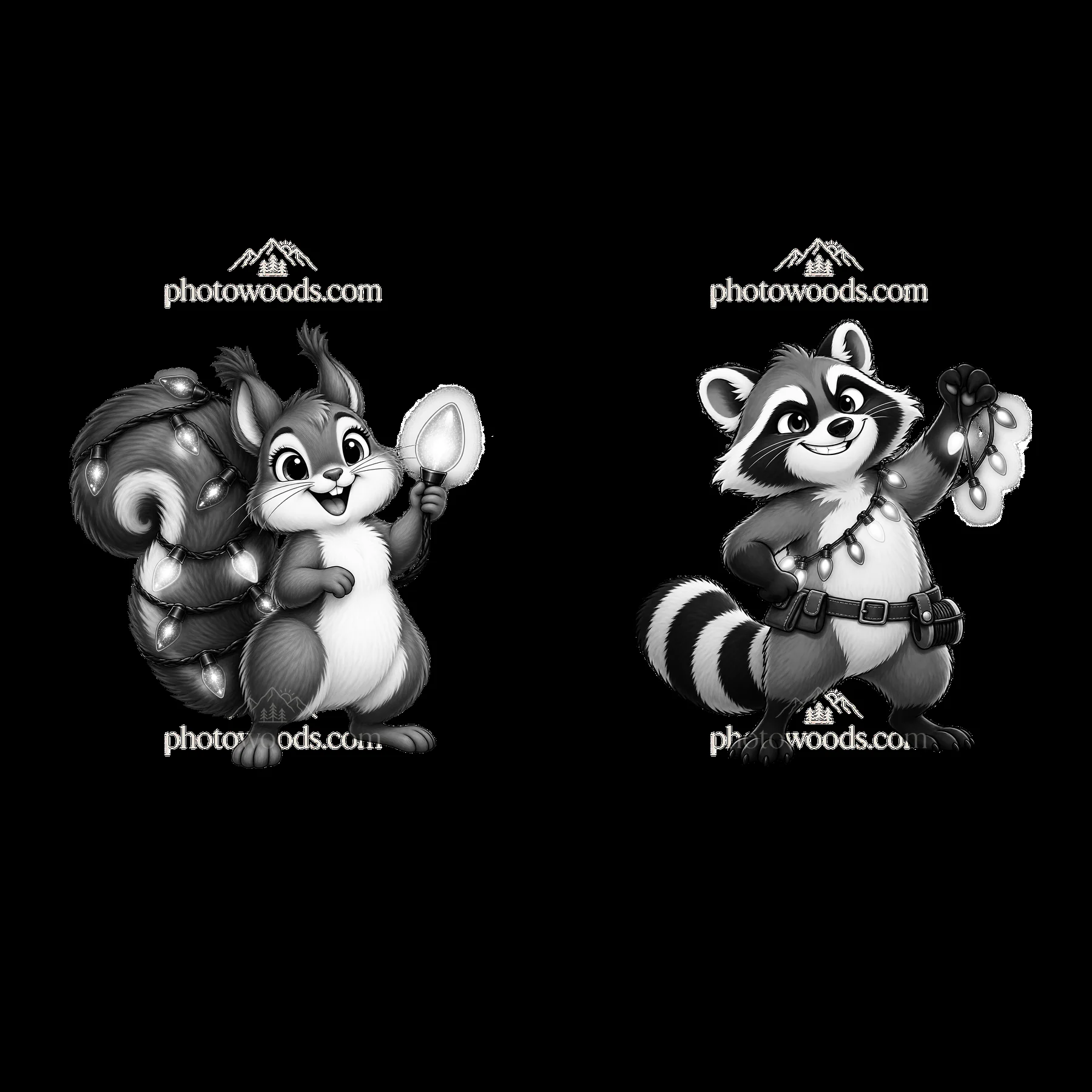 Squirrel and raccoon hold string lights in playful cartoon style - AI-generated stock image
