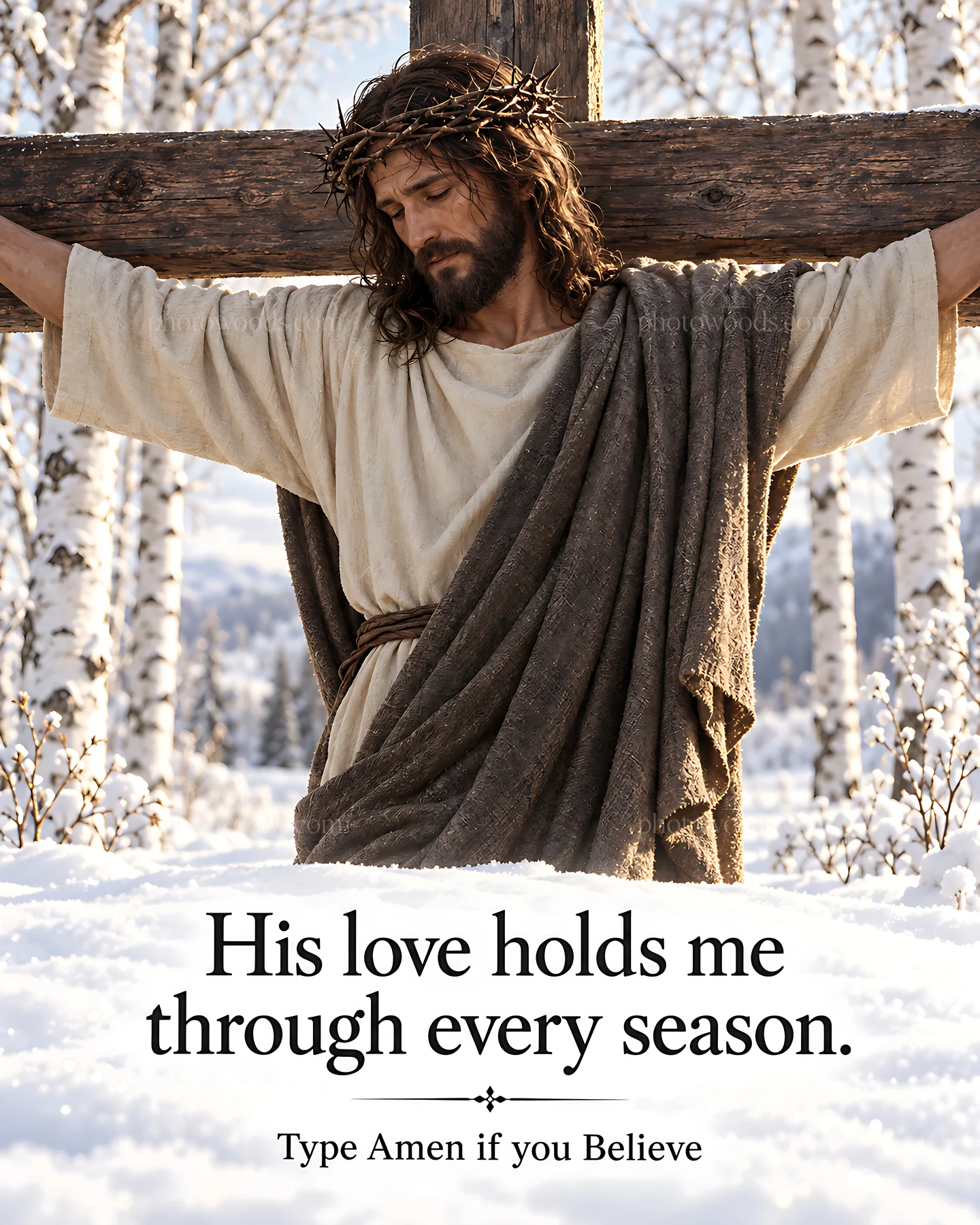 Grace in the winter season with a figure on a cross - AI-generated stock image