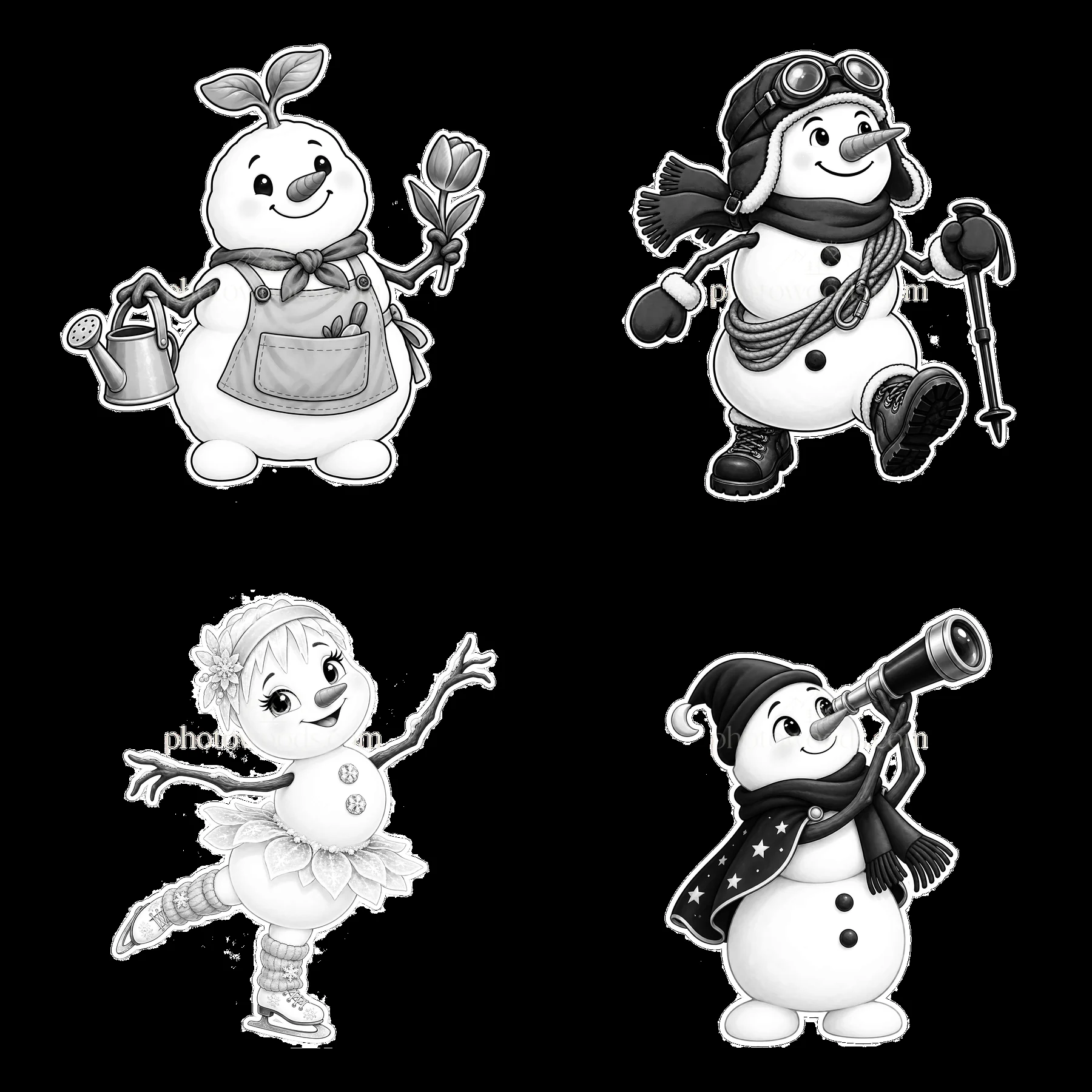 Four cartoon snowmen engage in different winter activities - AI-generated stock image