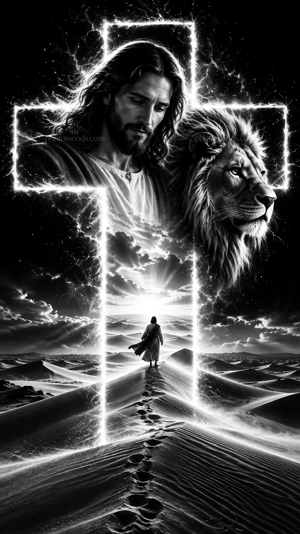 Jesus Christ walking through the desert with a lion and cross - AI-generated stock image