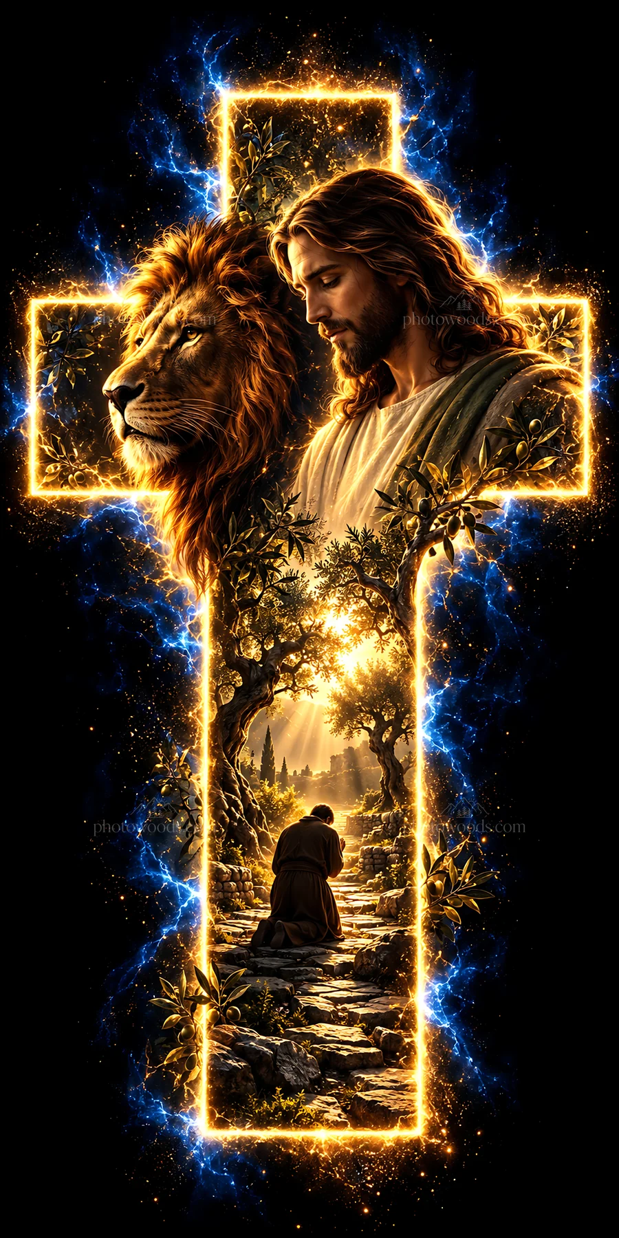 Jesus Christ in a symbolic representation with a lion and a cross - AI-generated stock image
