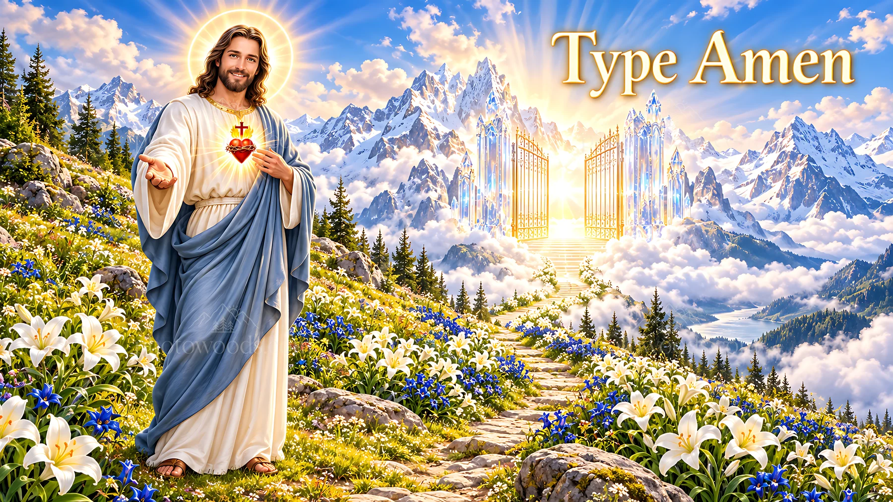 Depiction of religious figure near beautiful mountain landscape - AI-generated stock image