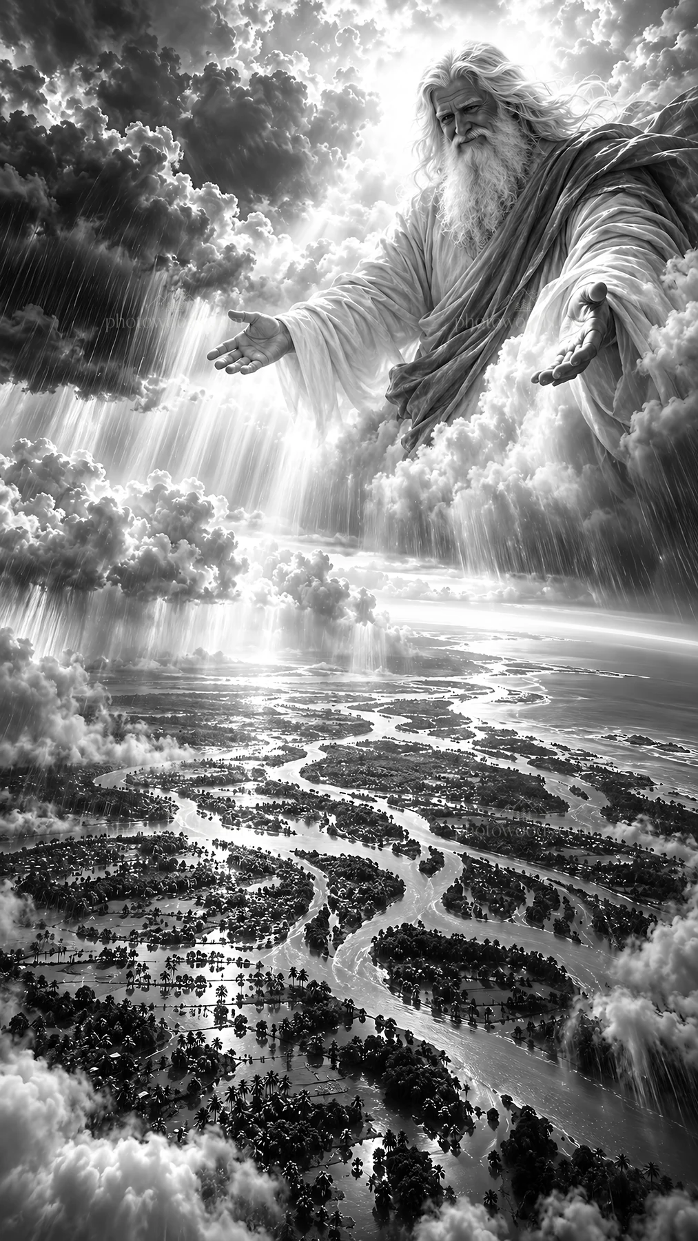 Jesus Christ reaching down towards humanity in a storm - AI-generated stock image