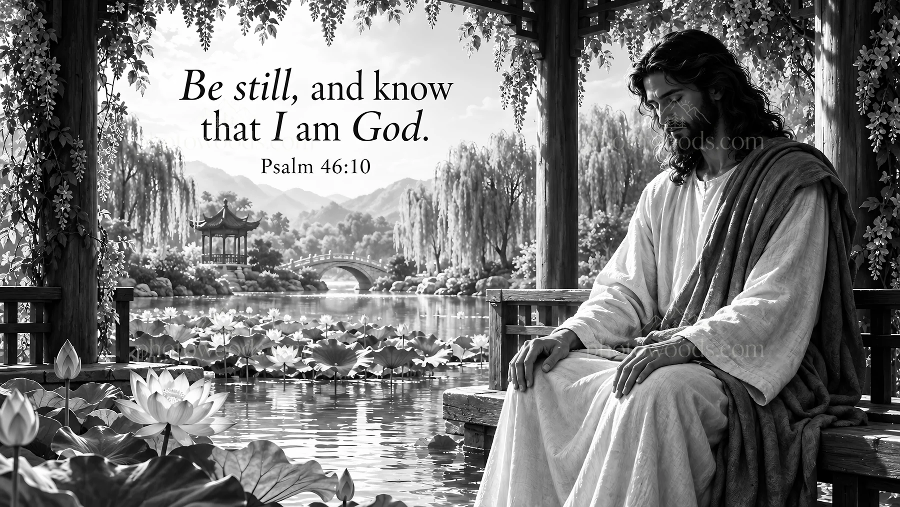 Jesus Christ praying in a peaceful garden with lilies - AI-generated stock image