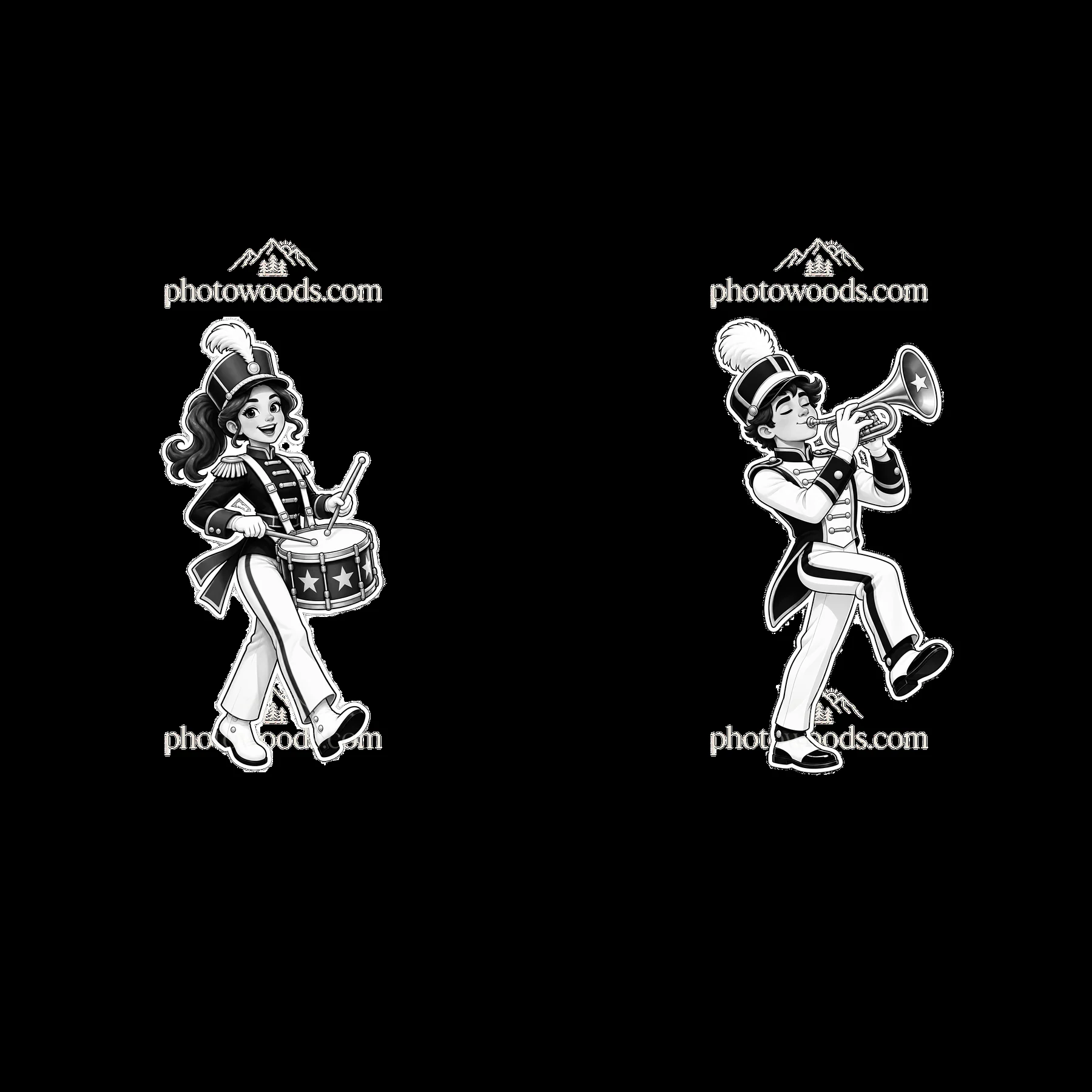 Musical parade characters with drum and trumpet in black and white - AI-generated stock image