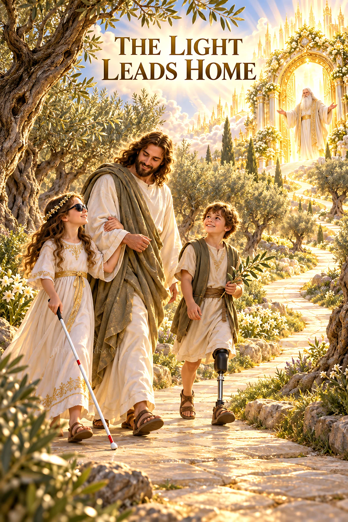 Jesus Christ walking with children on a sunlit path - AI-generated stock image