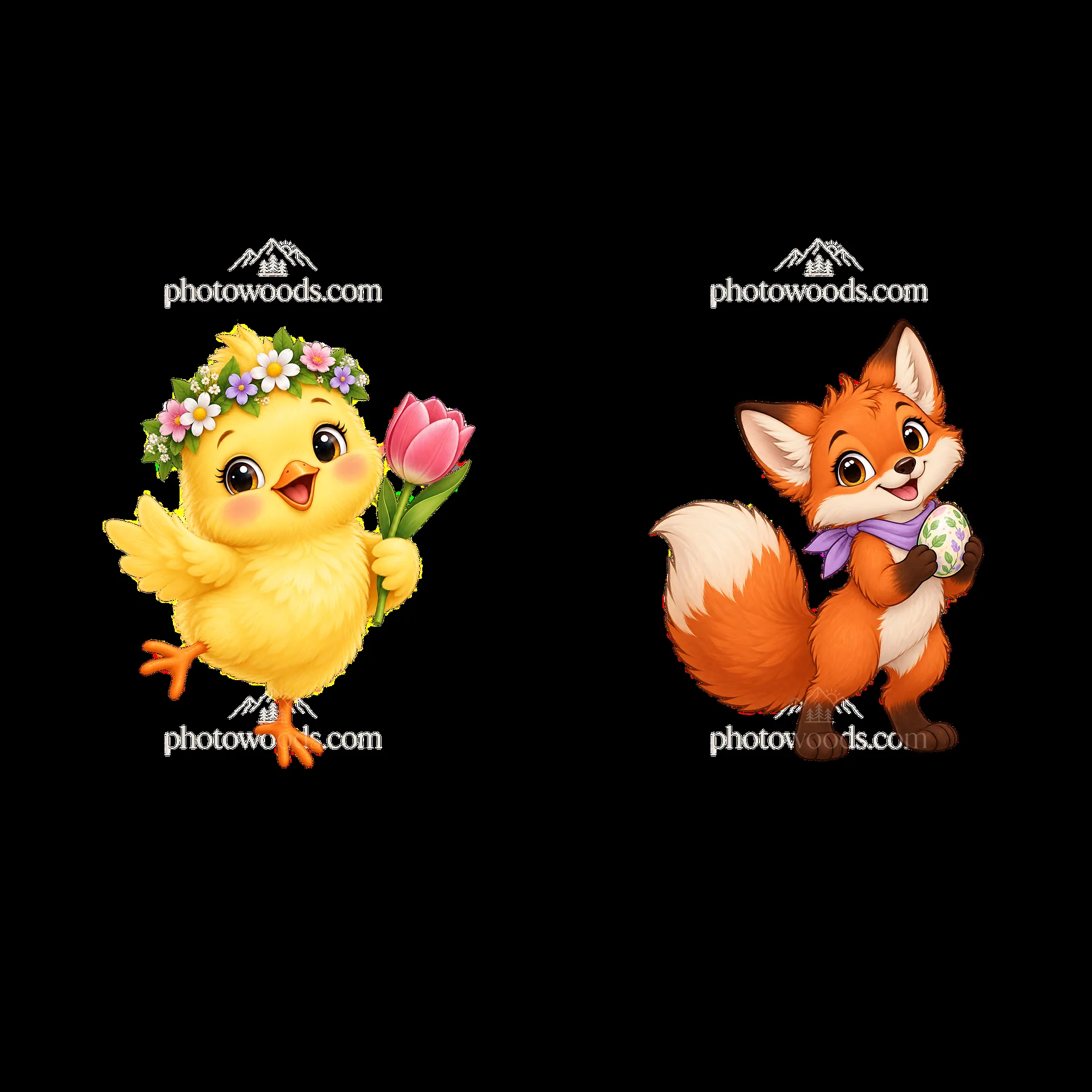 Chick with flower and fox holding Easter egg in meadow - AI-generated stock image