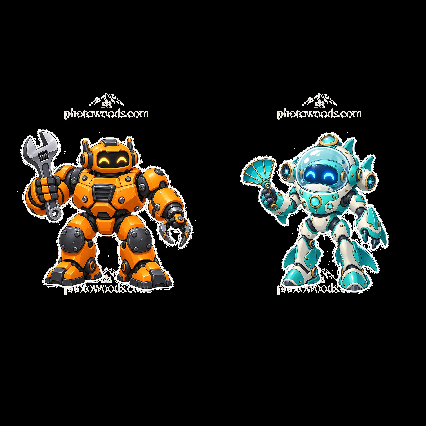 Mech robots with tools and fan in cartoon sticker design - AI-generated stock image