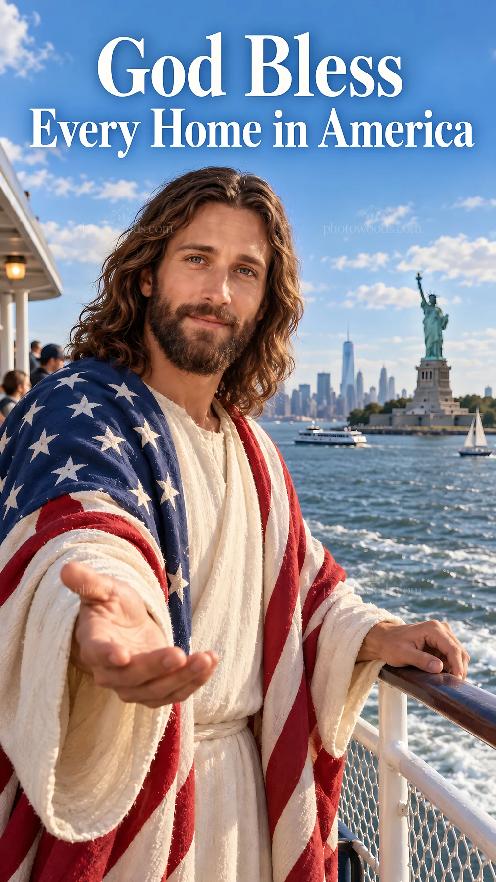 Jesus Christ welcoming viewers with open arms - AI-generated stock image