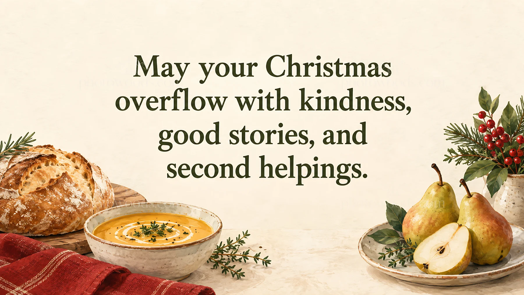 Christmas greeting with soup, bread and pears - AI-generated stock image