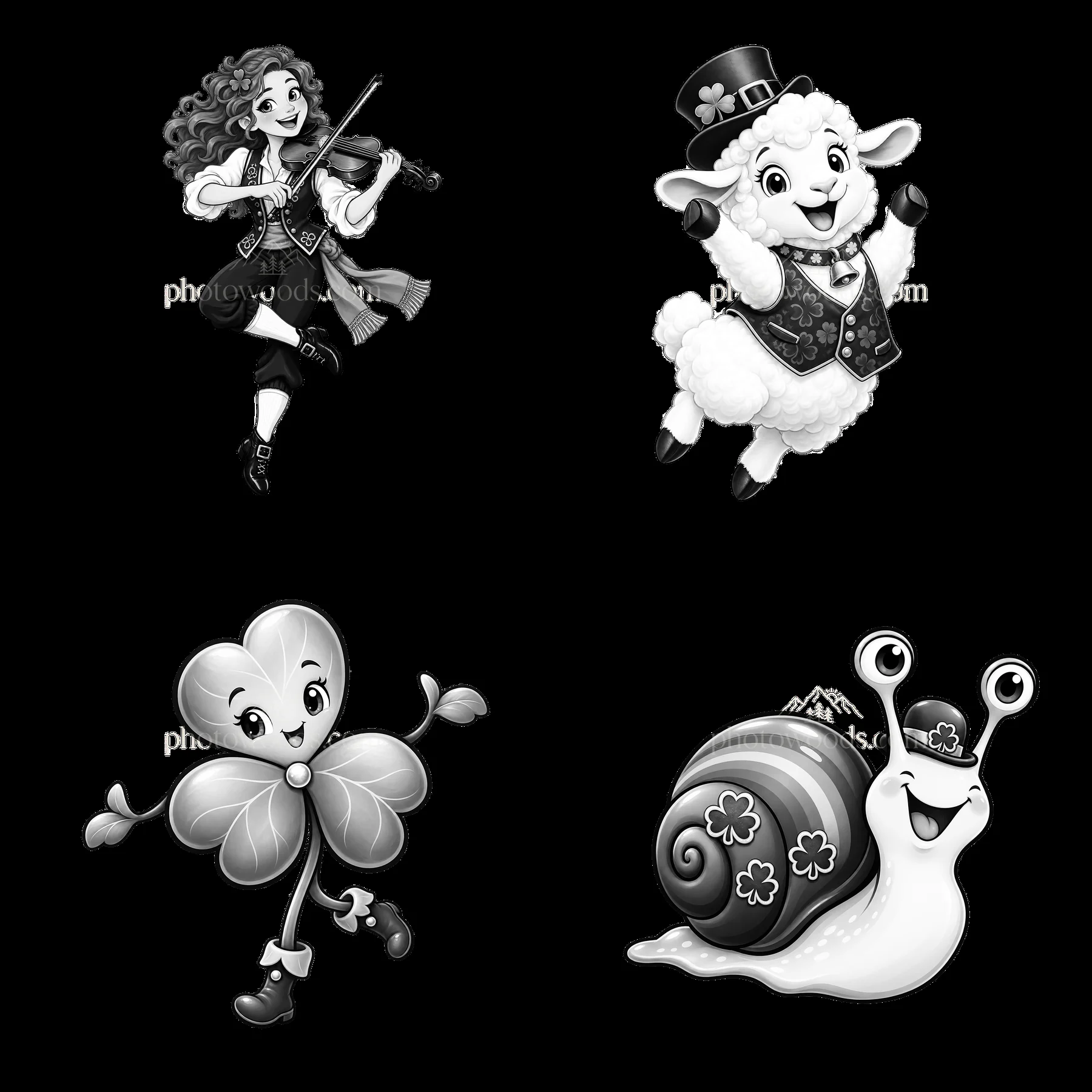 St. Patrick's Day stickers: musician, sheep, shamrock, snail - AI-generated stock image