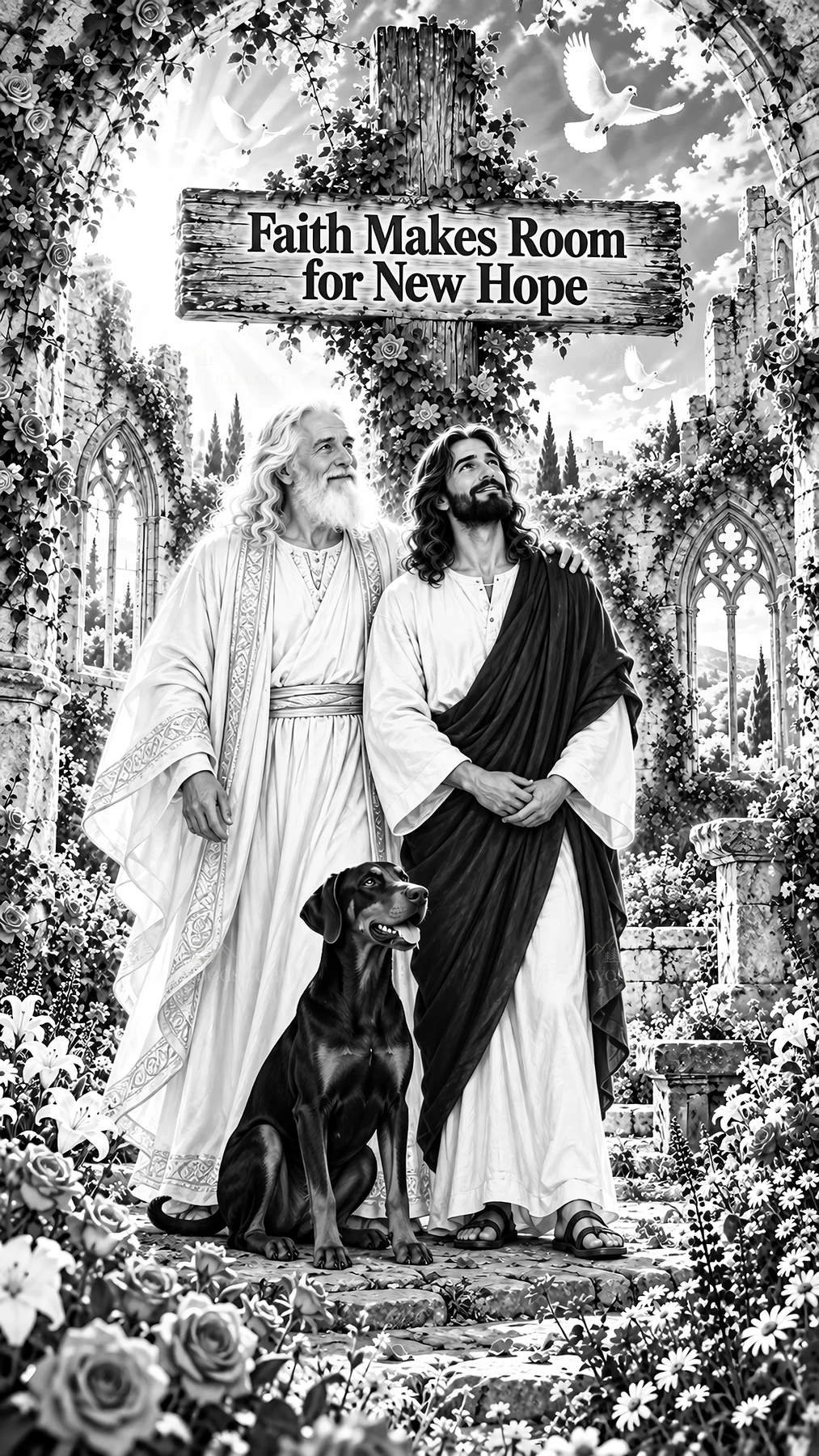Jesus Christ with a figure in a garden sharing hope - AI-generated stock image