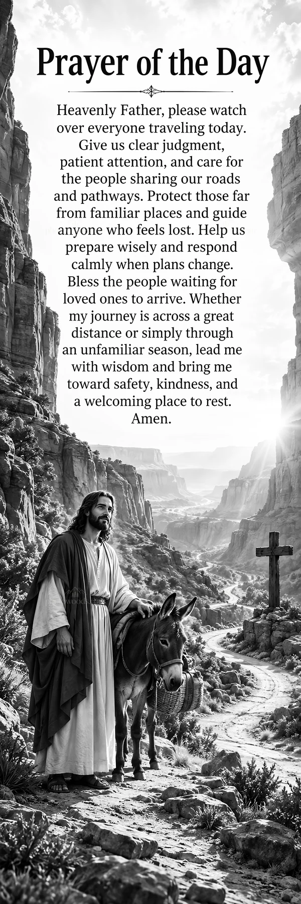 Jesus Christ guiding travelers in a mountainous landscape - AI-generated stock image