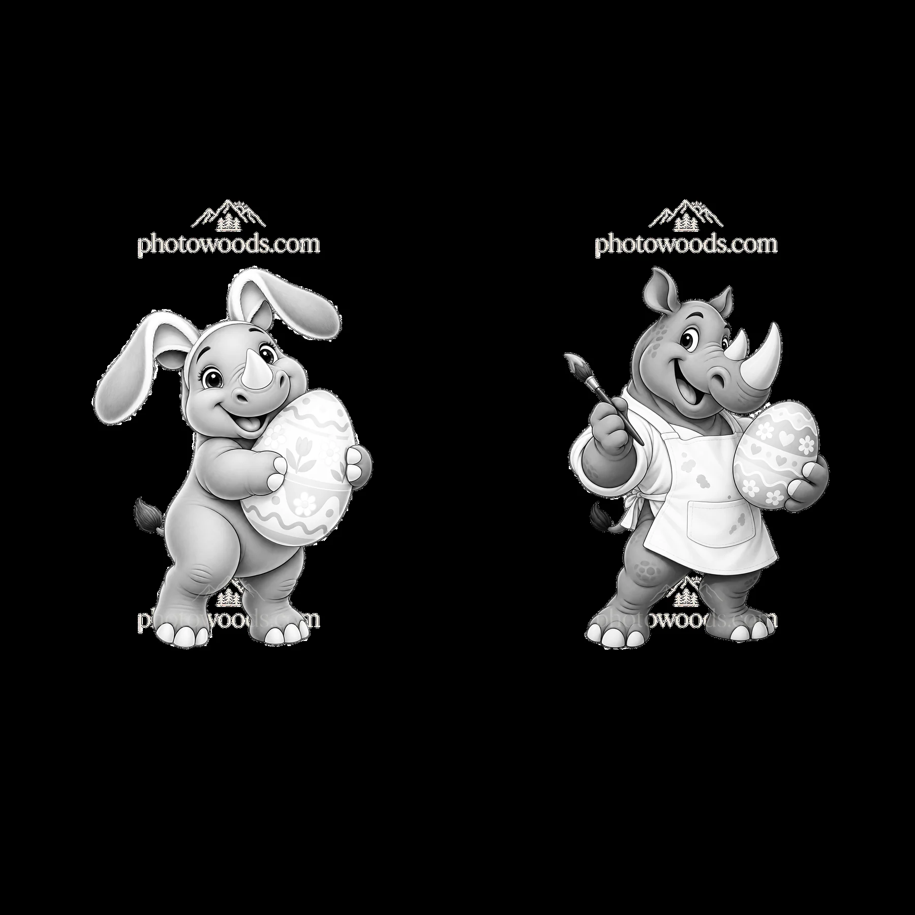 Easter rhinoceros and bunny painting eggs in a cartoon style - AI-generated stock image