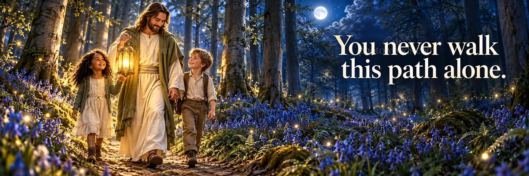 Jesus Christ walking with children in a forest path - AI-generated stock image