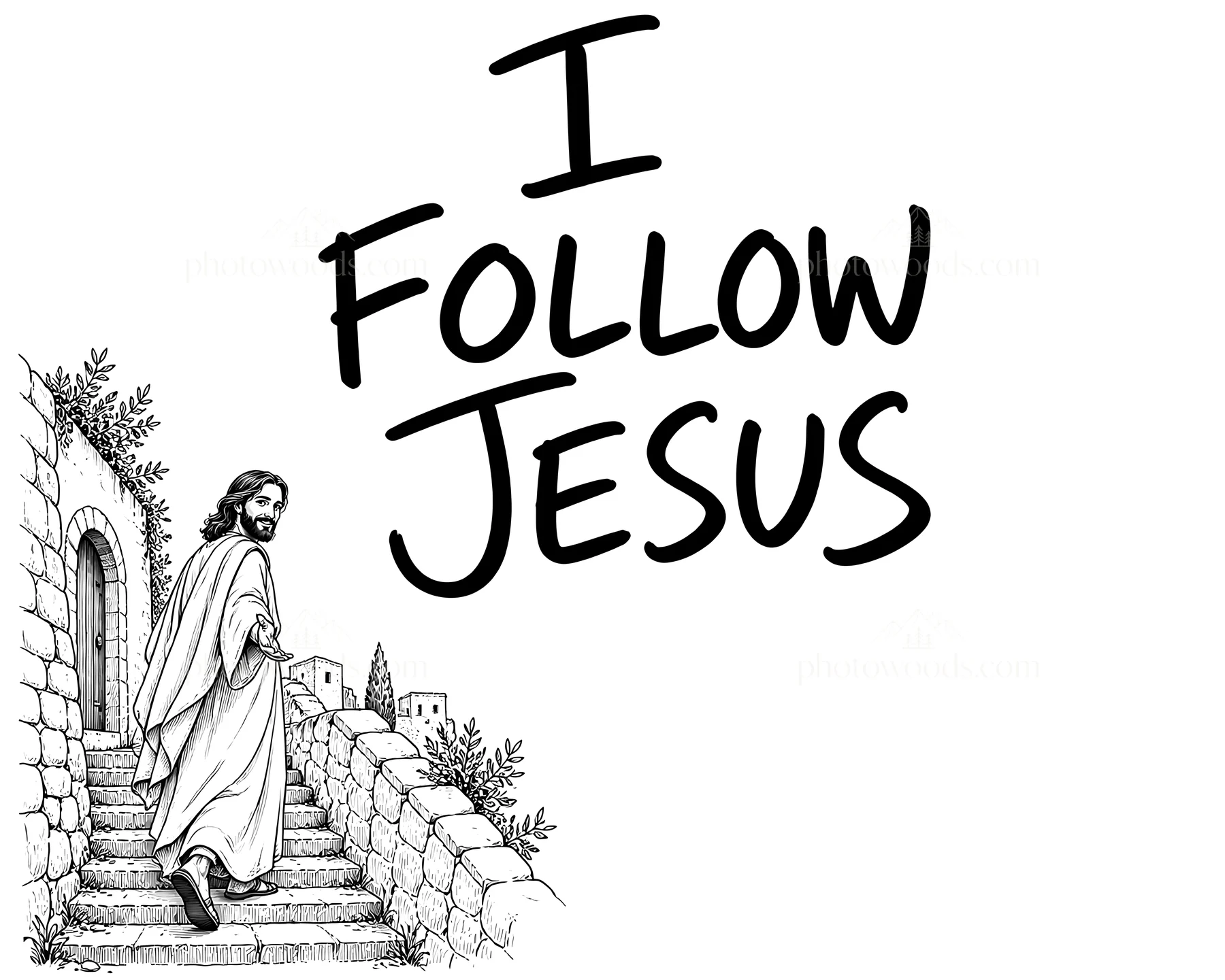 Jesus Christ walking down steps, encouraging his followers - AI-generated stock image