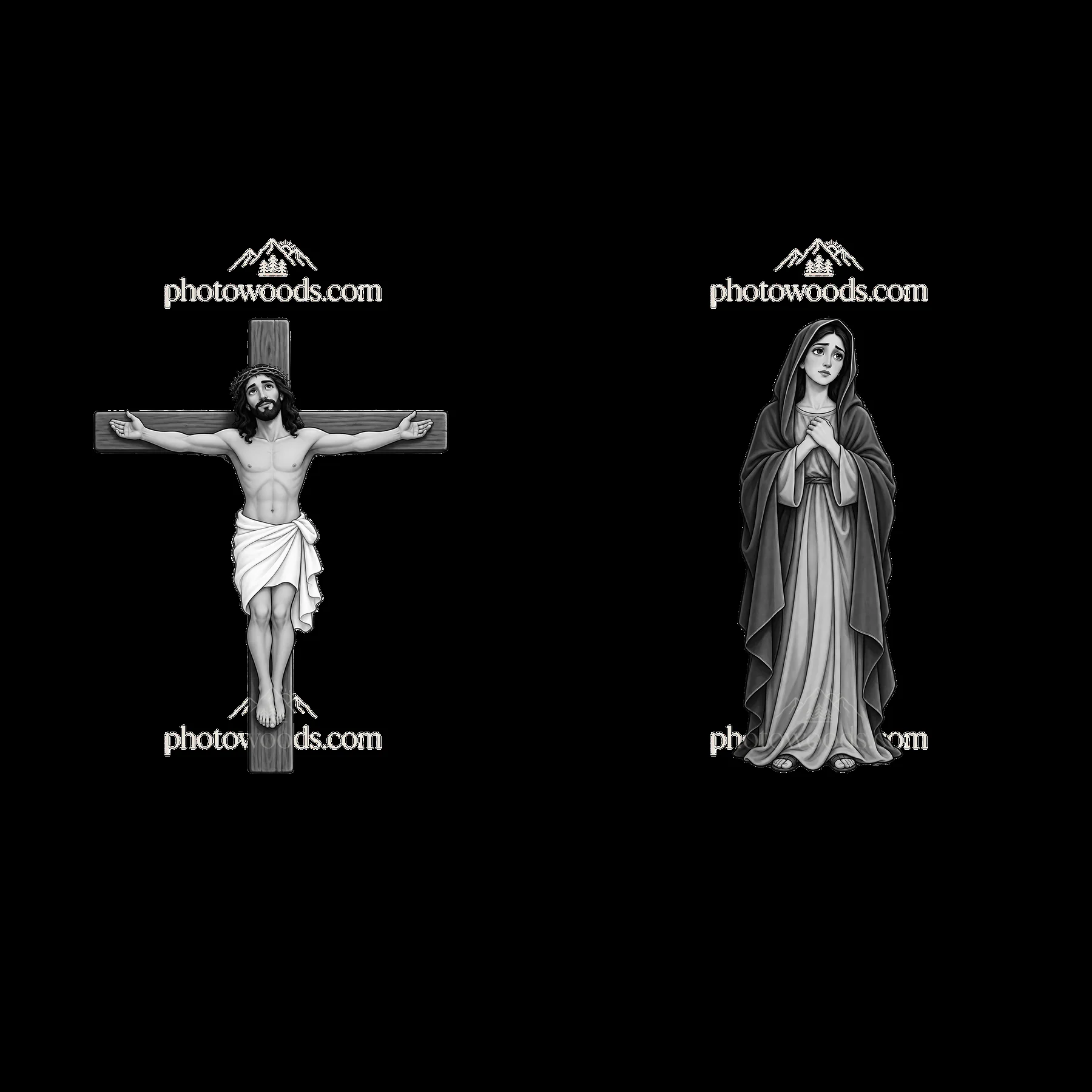 Jesus on the cross with Mary in mourning position - AI-generated stock image