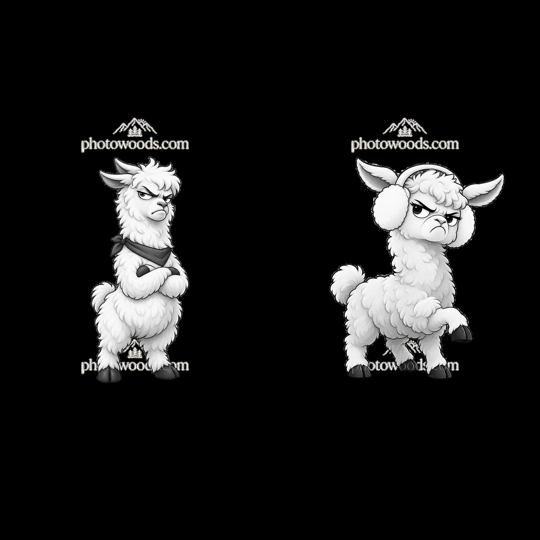 Grumpy llama characters in black-and-white cartoon illustration - AI-generated stock image