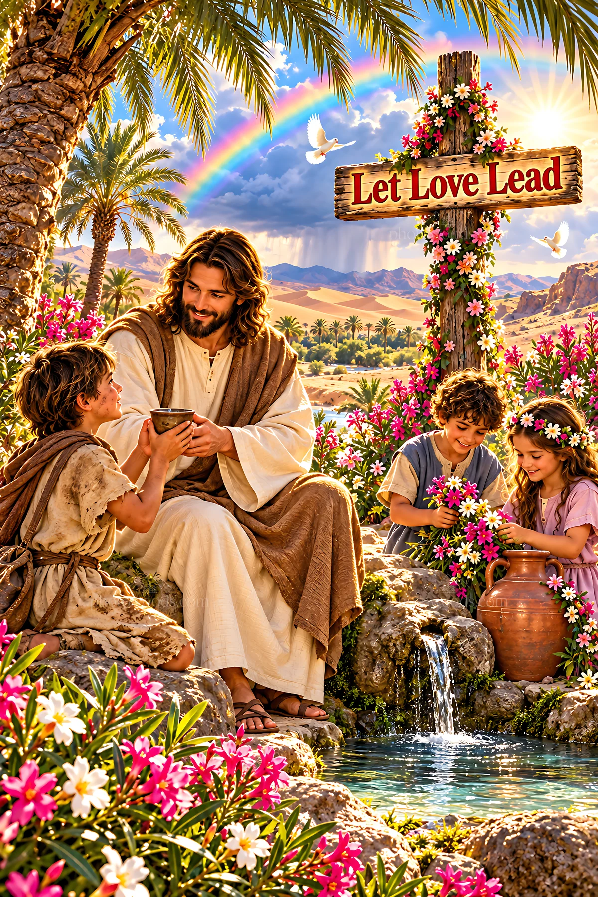 Compassion in the desert oasis with children and a guiding figure - AI-generated stock image