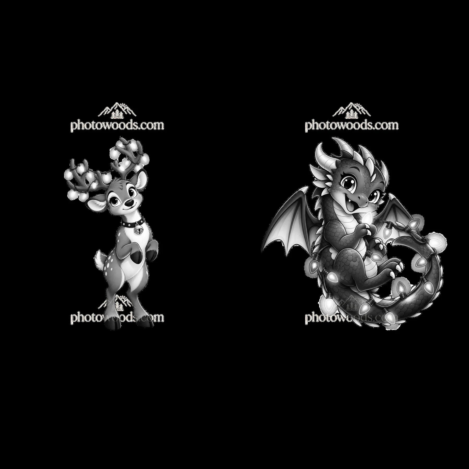 Reindeer and dragon characters with string lights in black and white - AI-generated stock image
