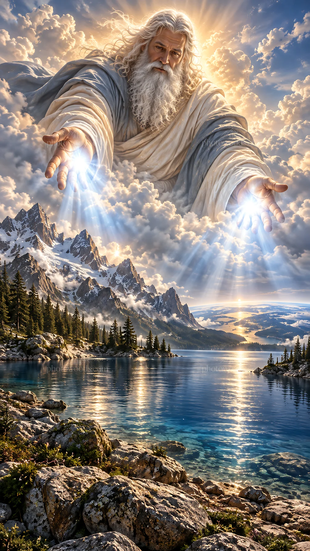 Jesus Christ welcoming in a beautiful natural setting - AI-generated stock image