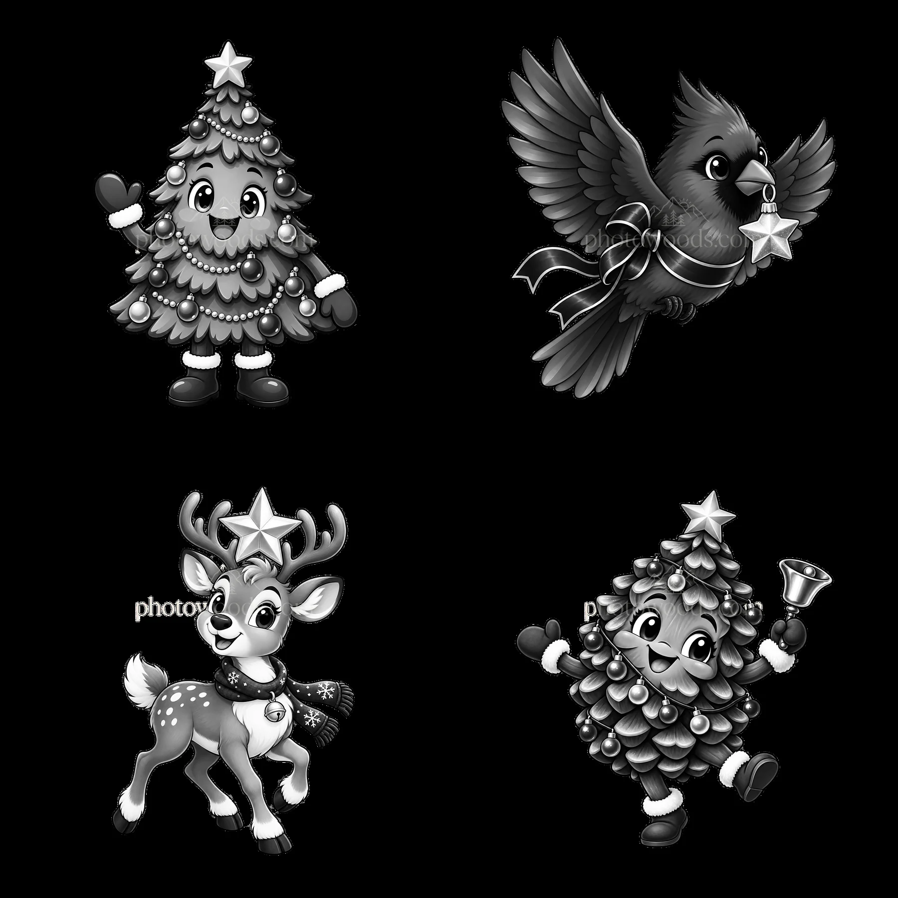 Black and white Christmas tree with animal decorations - AI-generated stock image