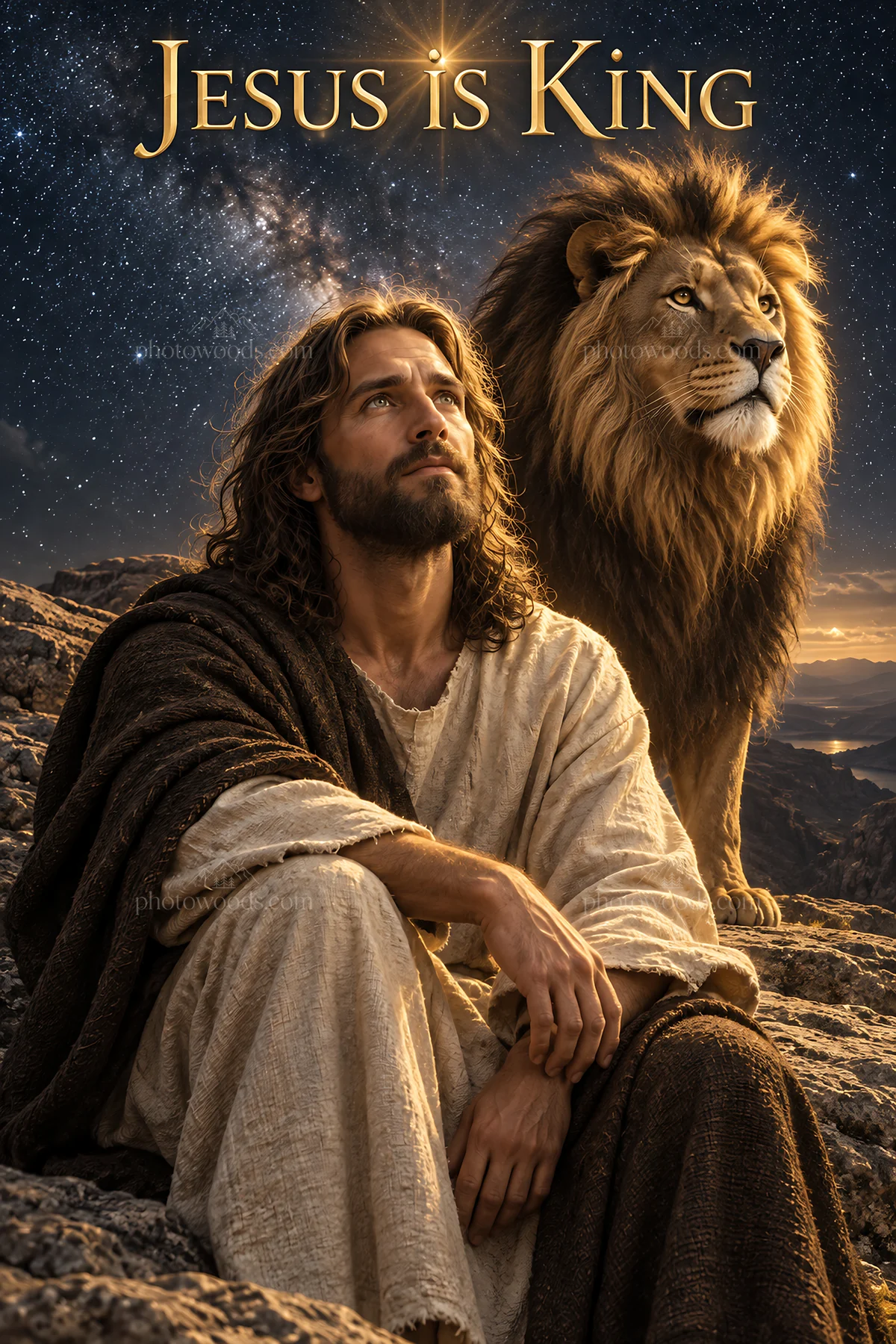 Jesus Christ sitting with a lion in a majestic landscape - AI-generated stock image