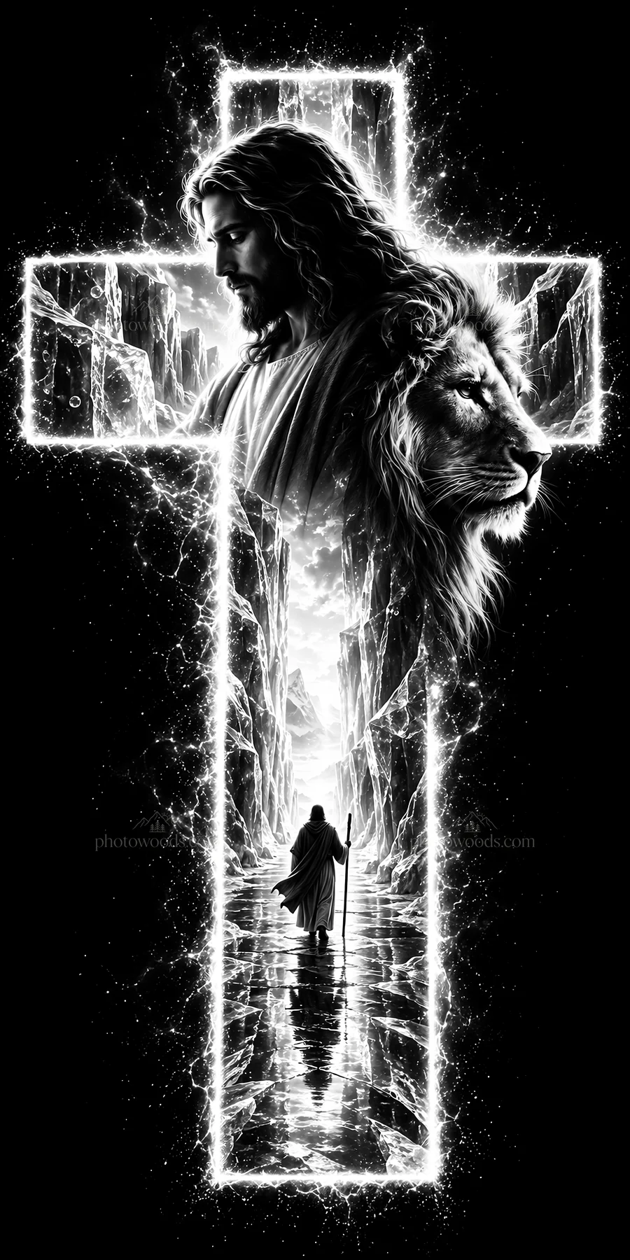 Jesus Christ guiding through the valley with a lion and cross - AI-generated stock image