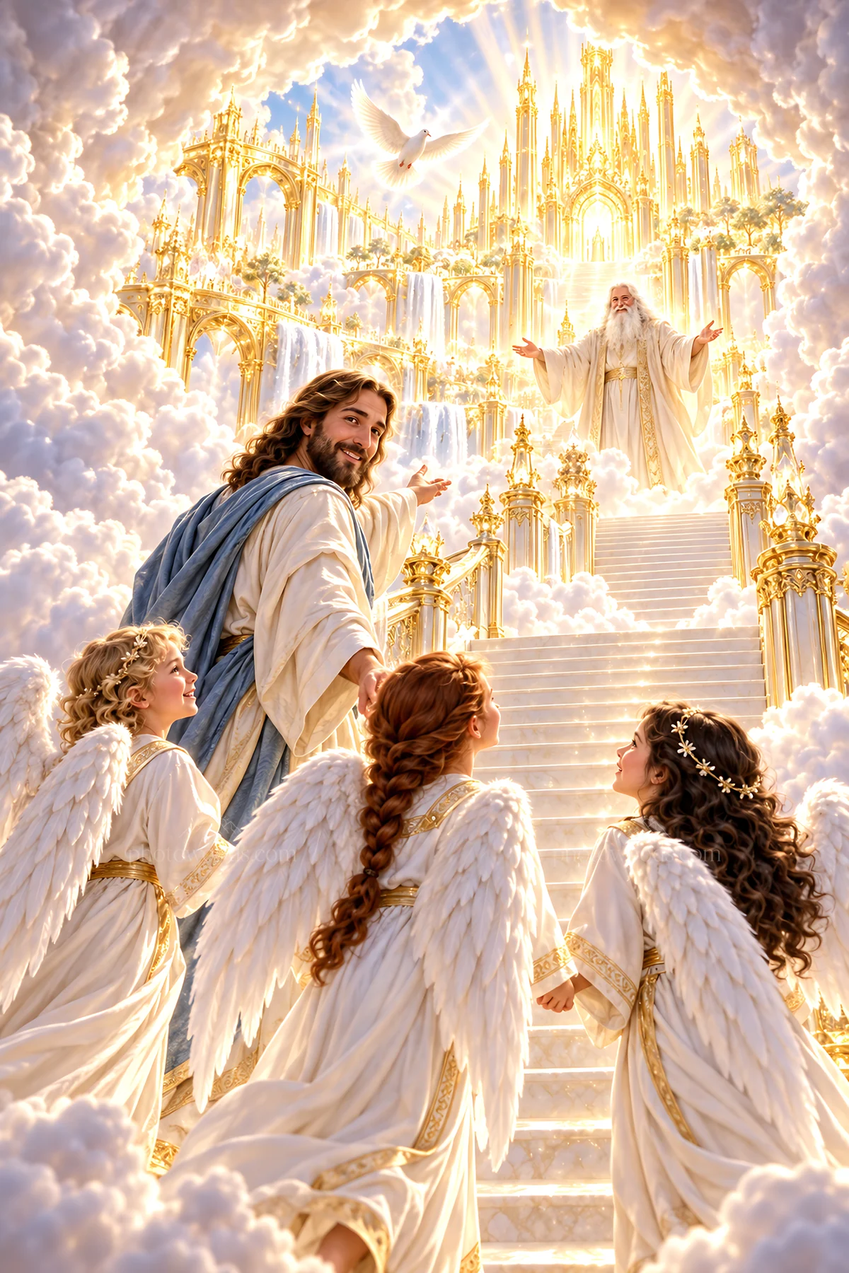 Jesus Christ leading the way to heaven with angels and God - AI-generated stock image