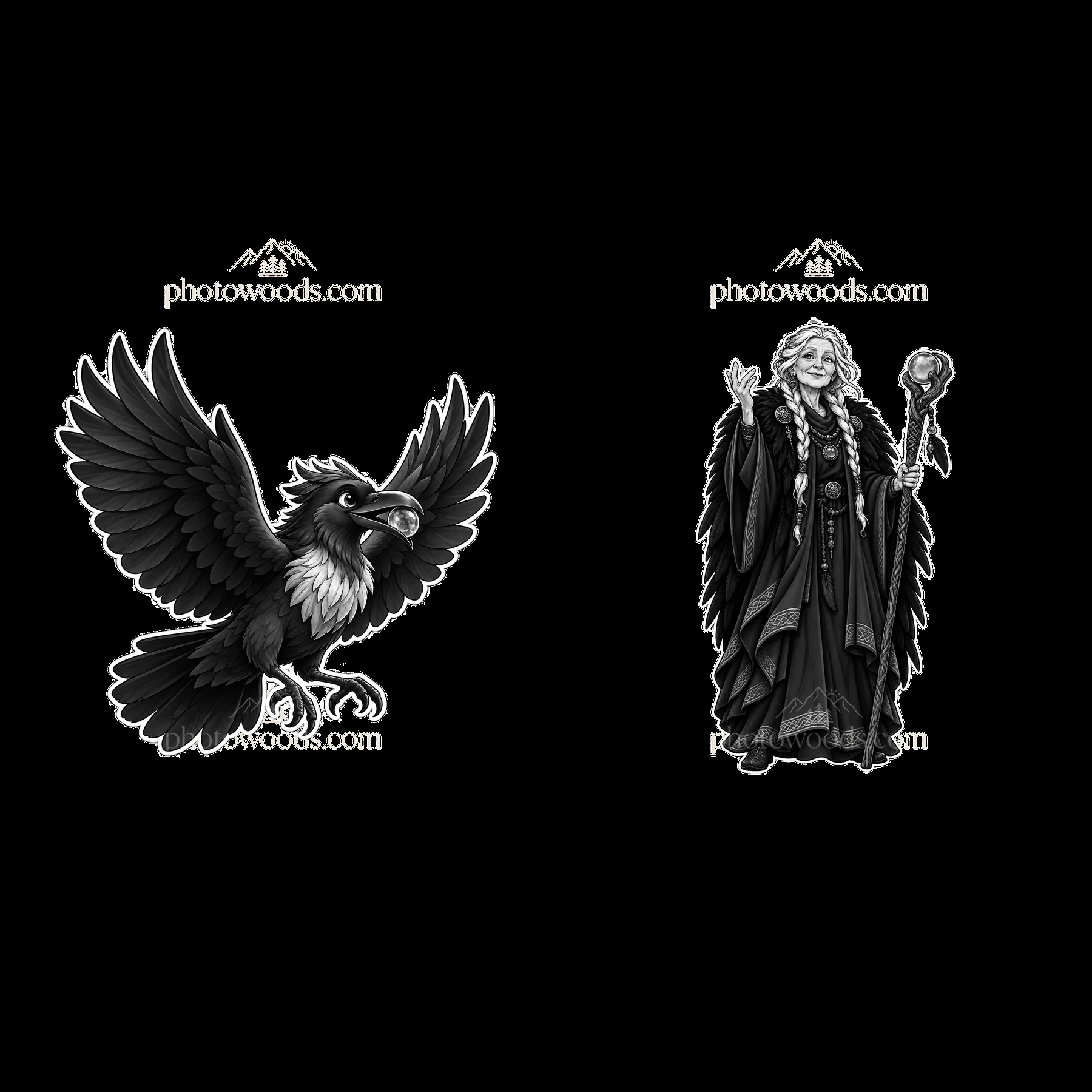 Odin with a raven and staff in a monochrome cartoon design - AI-generated stock image