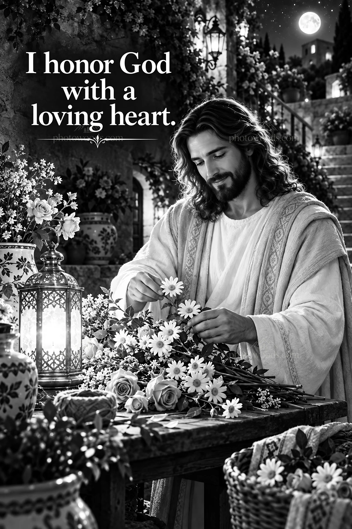 Jesus Christ making flower arrangements with loving care - AI-generated stock image