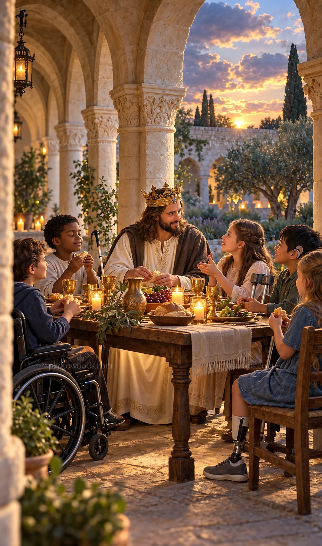 Jesus Christ sharing a meal with children in a gathering - AI-generated stock image