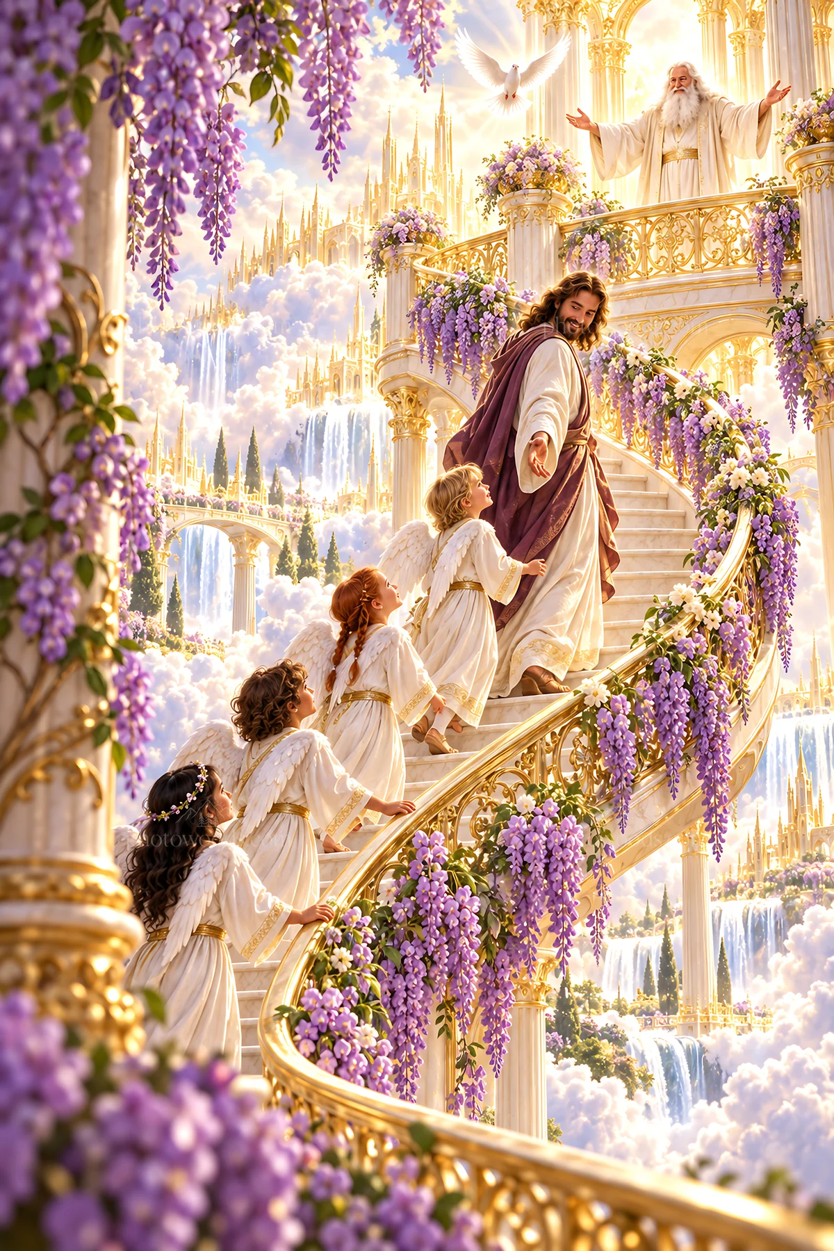 Jesus Christ guiding children in a beautiful garden - AI-generated stock image