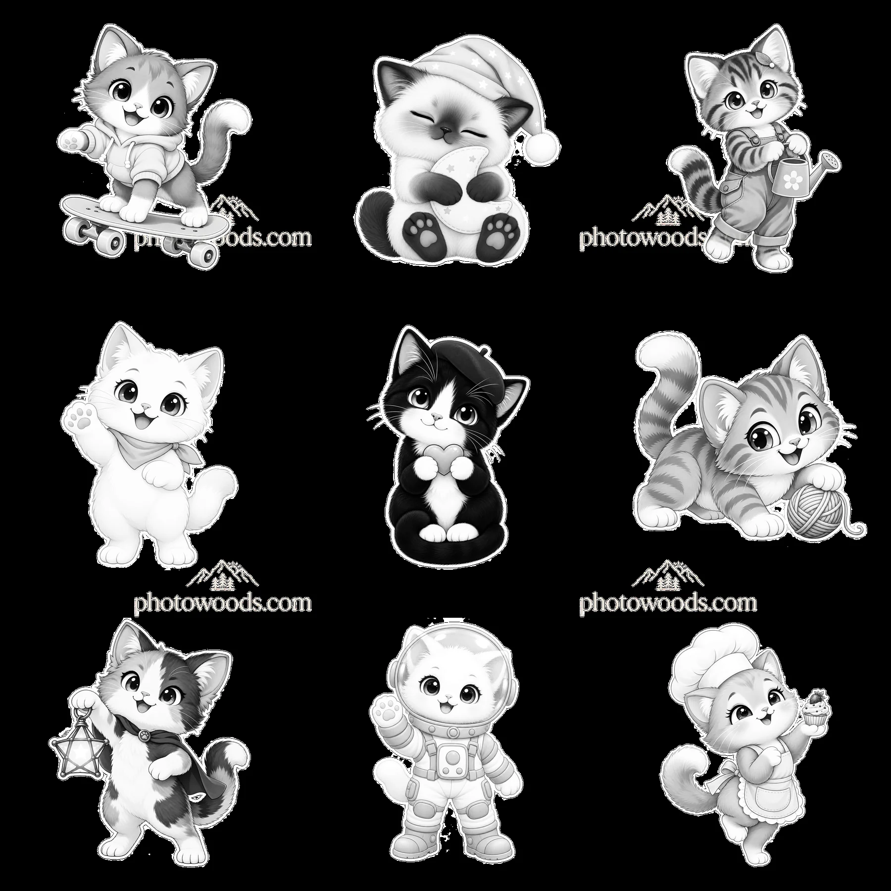 Kawaii cats in playful poses on a 3x3 grid sticker layout - AI-generated stock image