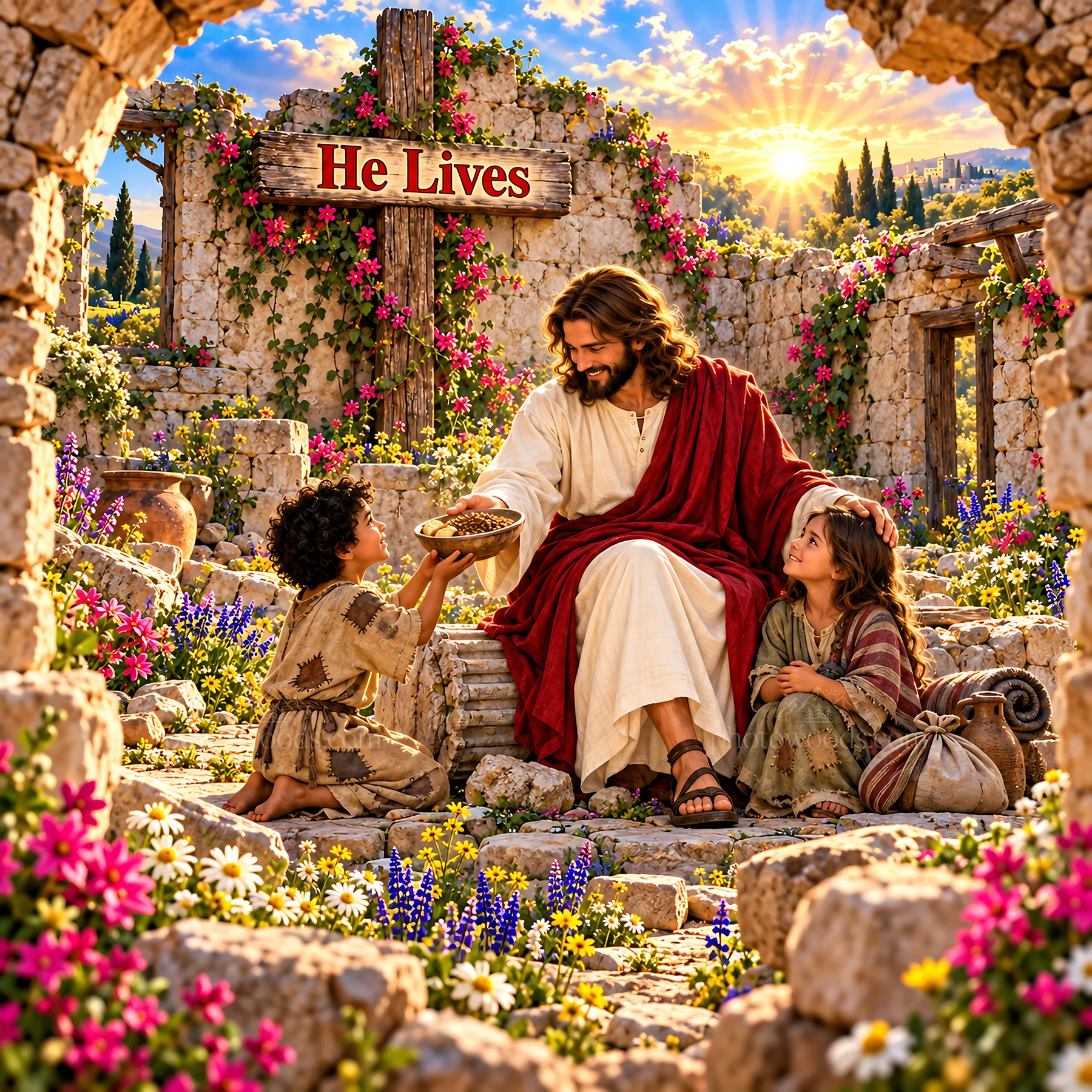 Jesus Christ shares bread with children in a garden setting - AI-generated stock image