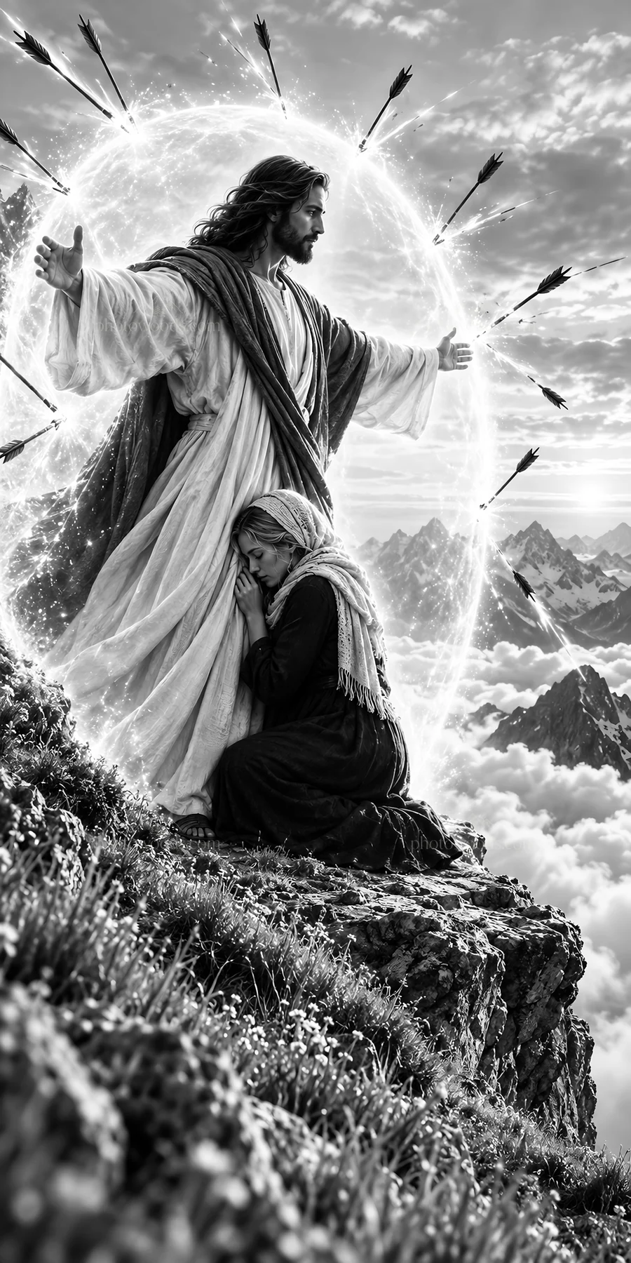 Jesus Christ comforting a woman in a mountain setting - AI-generated stock image