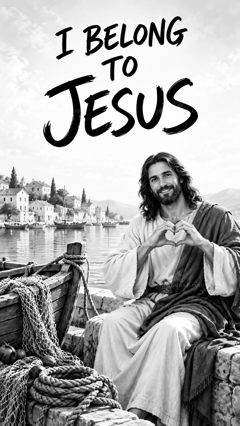 Jesus Christ making a heart gesture by the water - AI-generated stock image
