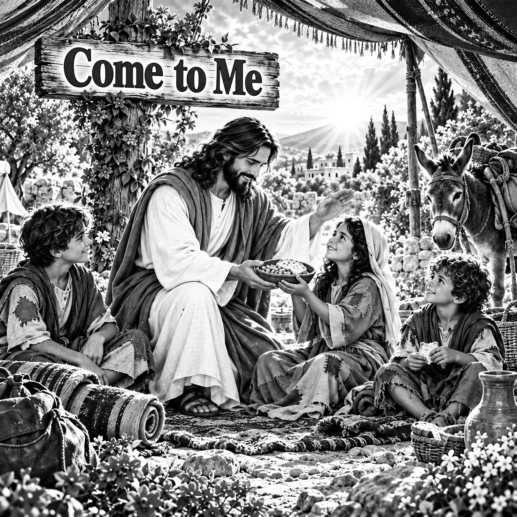 Jesus Christ sharing a meal with children in a garden - AI-generated stock image