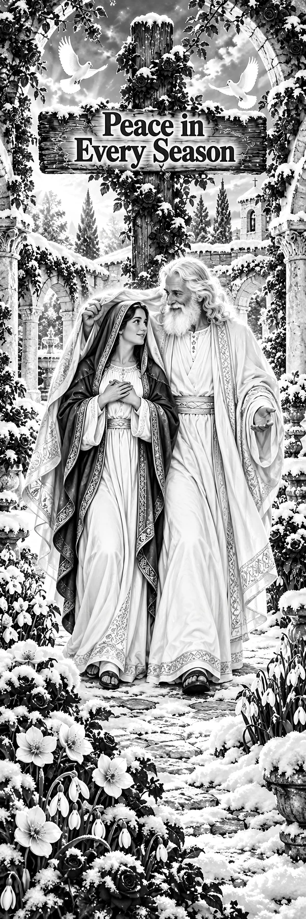 Jesus Christ walking with a woman in a snowy garden - AI-generated stock image