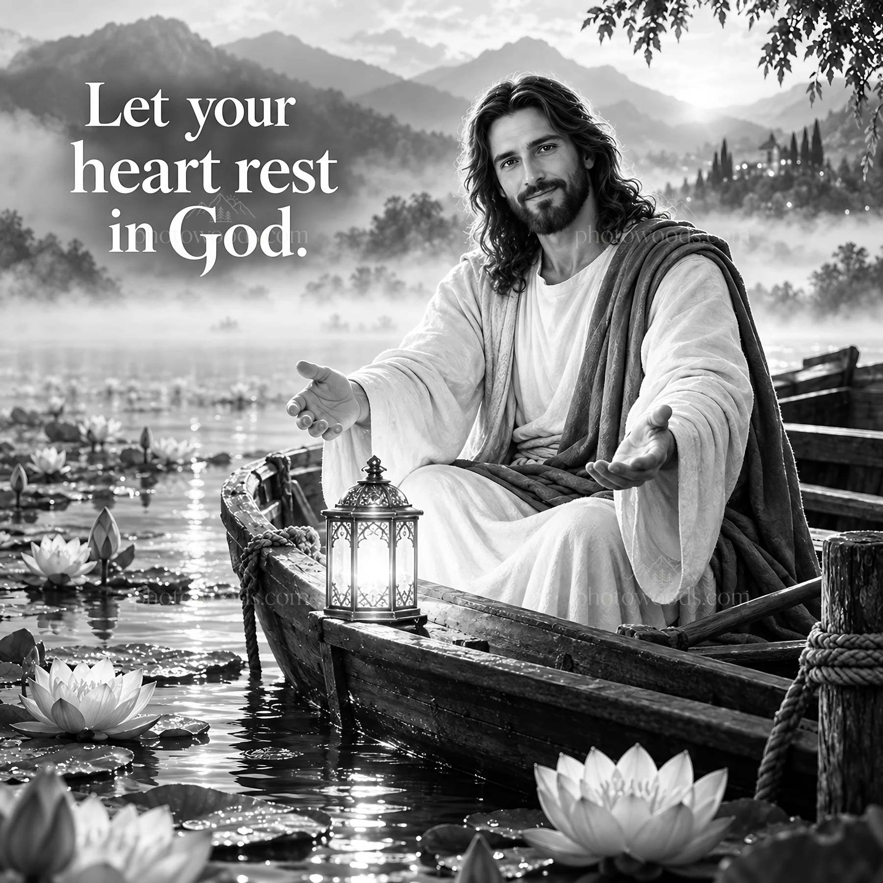 Jesus Christ welcoming viewers while seated in a boat - AI-generated stock image