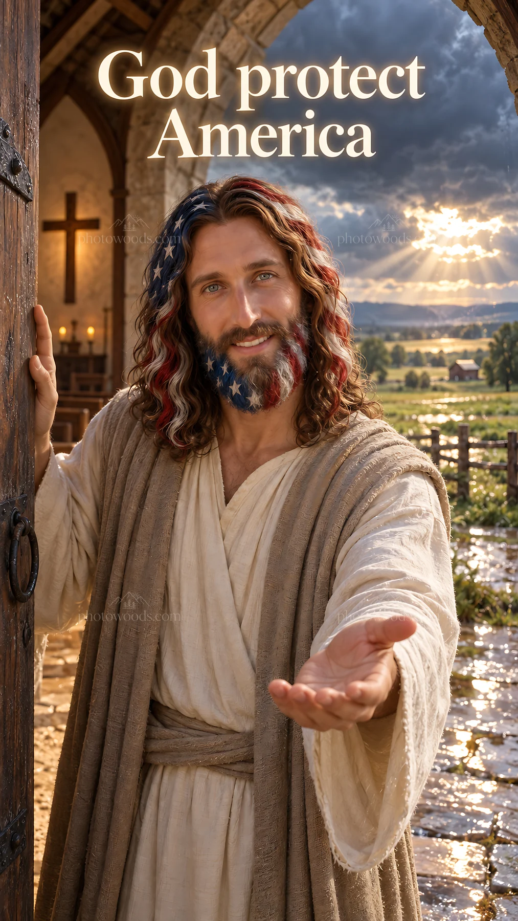 Jesus Christ welcoming with a message of hope for America - AI-generated stock image