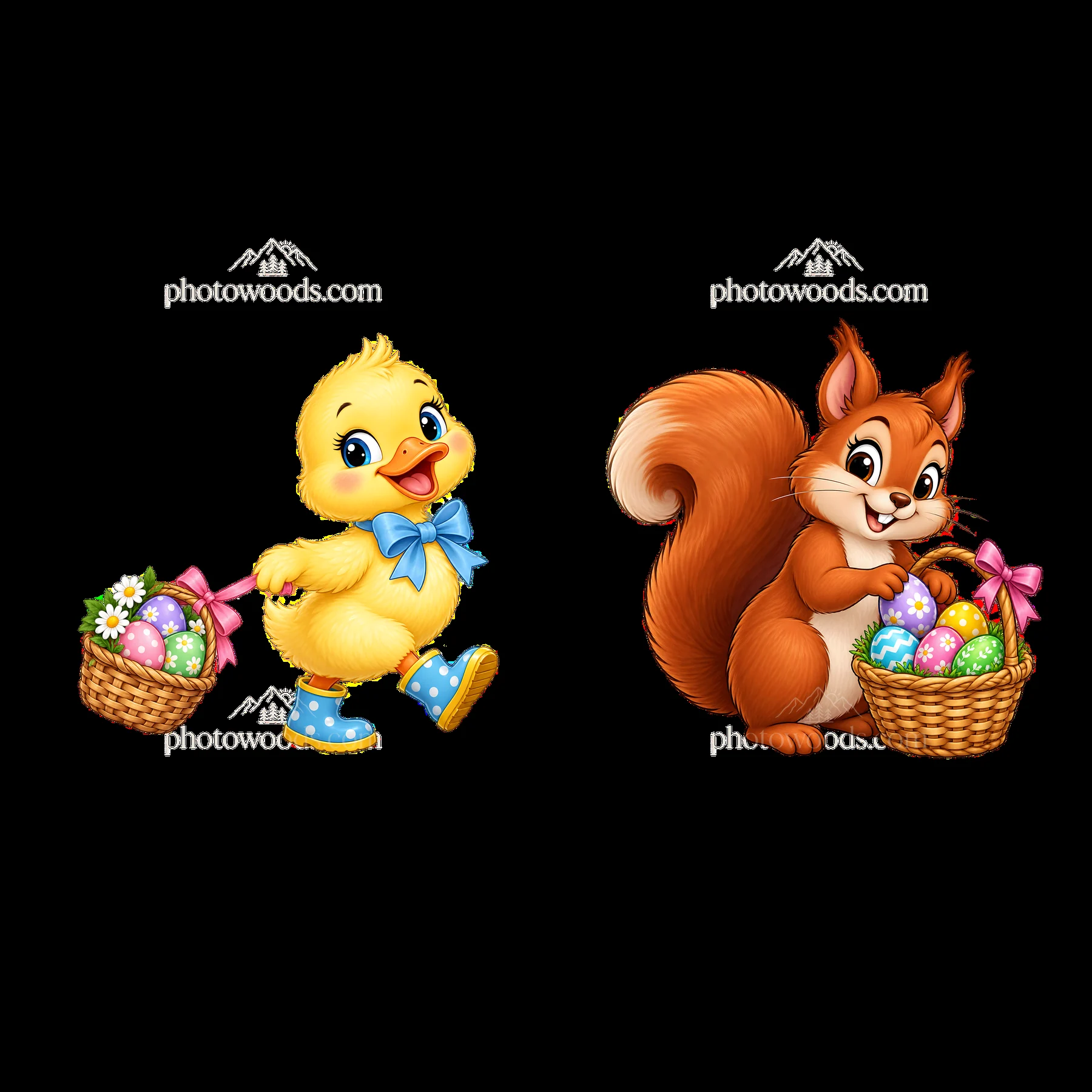 Yellow duck and brown squirrel with Easter baskets in spring - AI-generated stock image