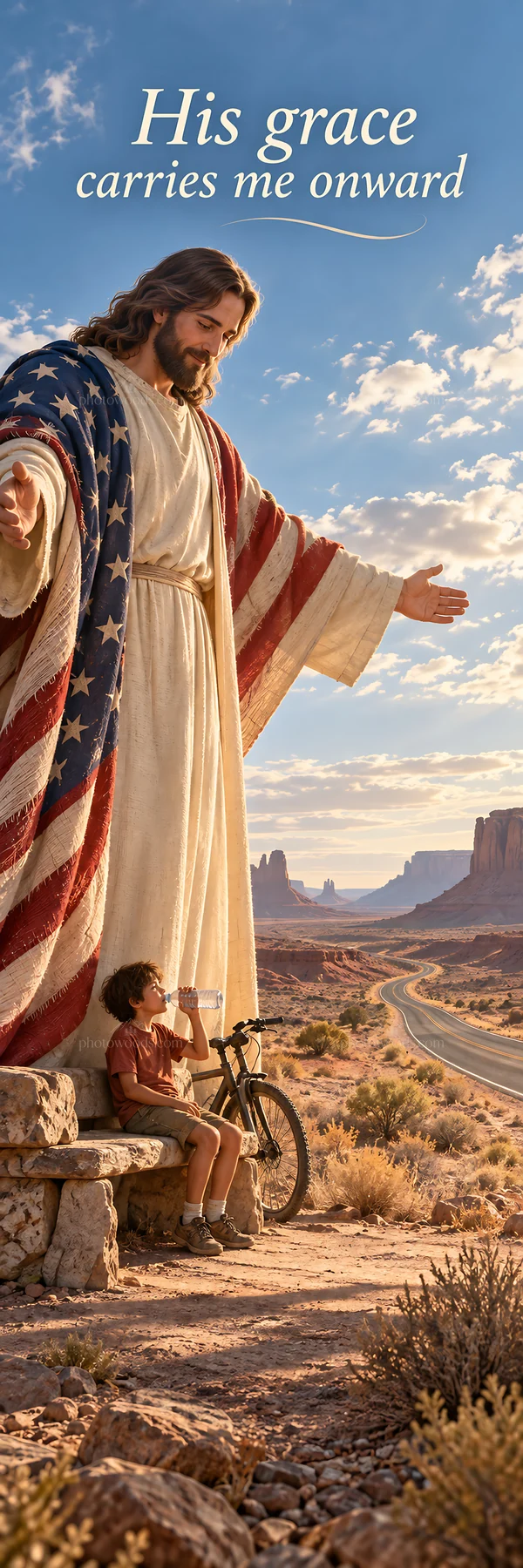 Jesus Christ welcomes a child in a desert landscape - AI-generated stock image