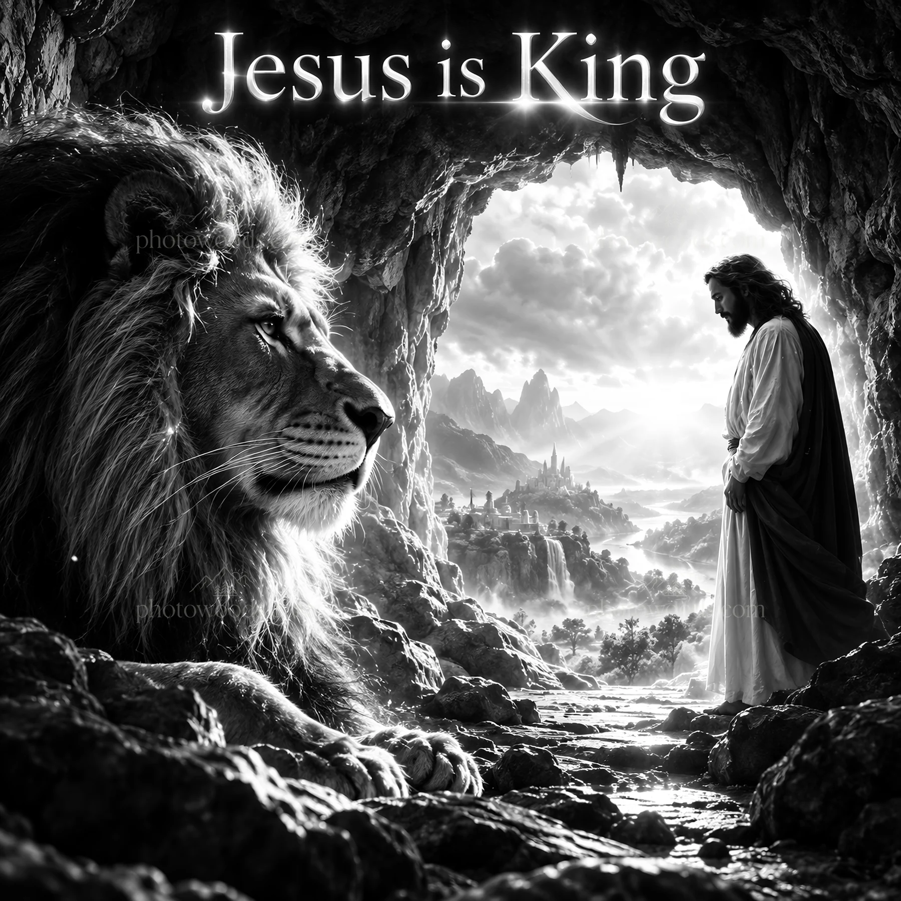Jesus Christ stands in a light-filled cave with a lion - AI-generated stock image