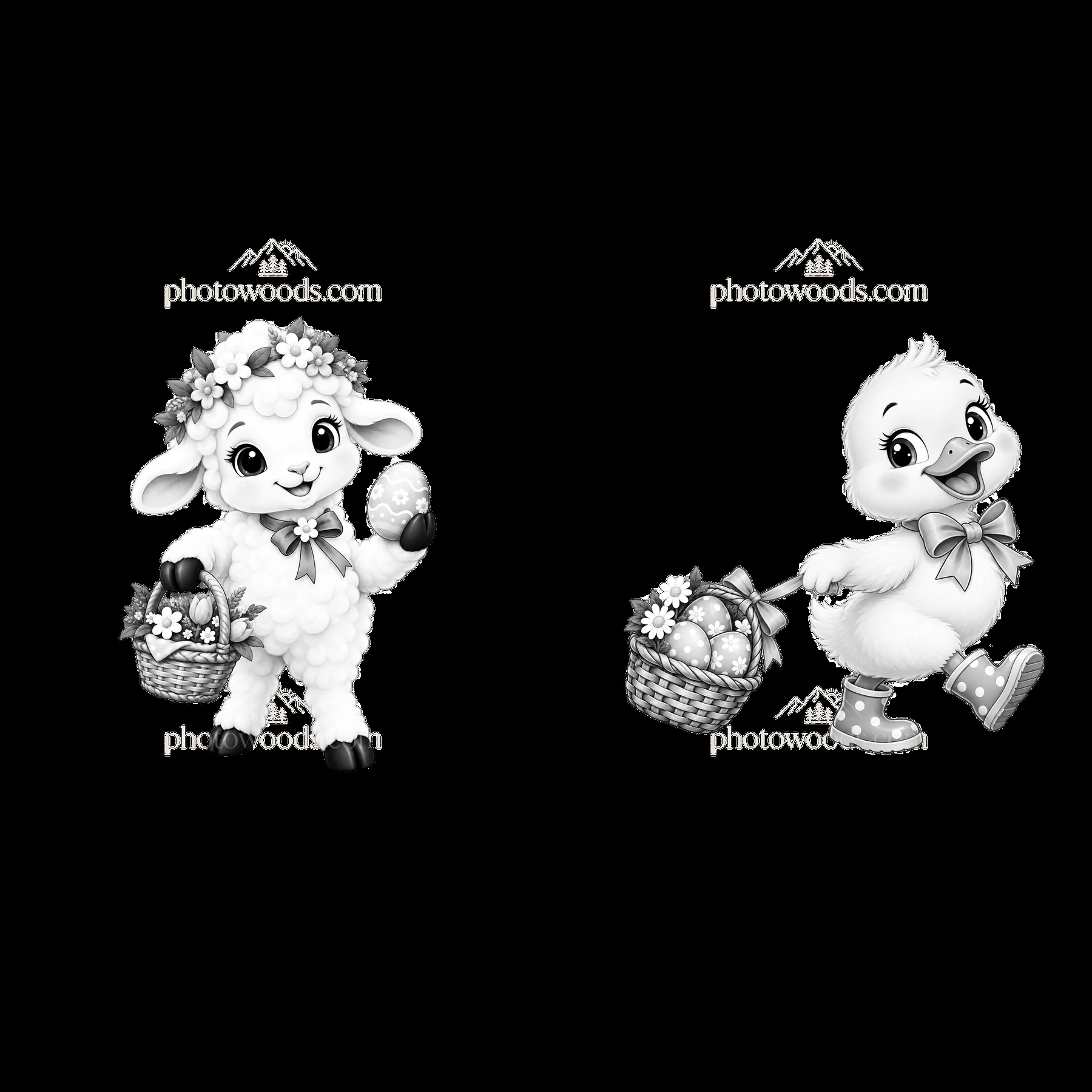 Easter lamb and duck carrying baskets of decorated eggs - AI-generated stock image