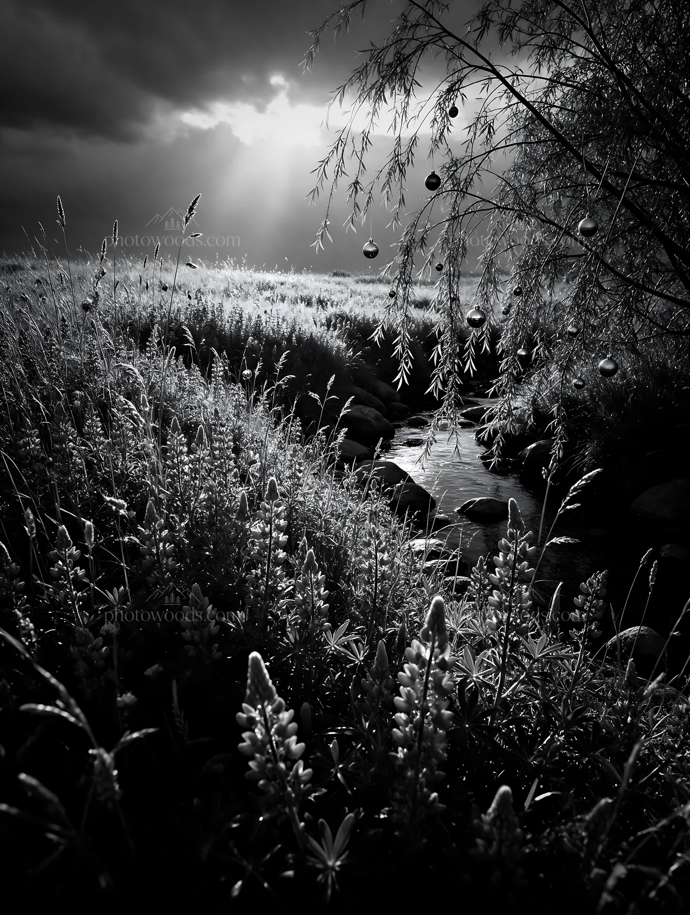 Christmas ornaments above stream in meadow - AI-generated stock image