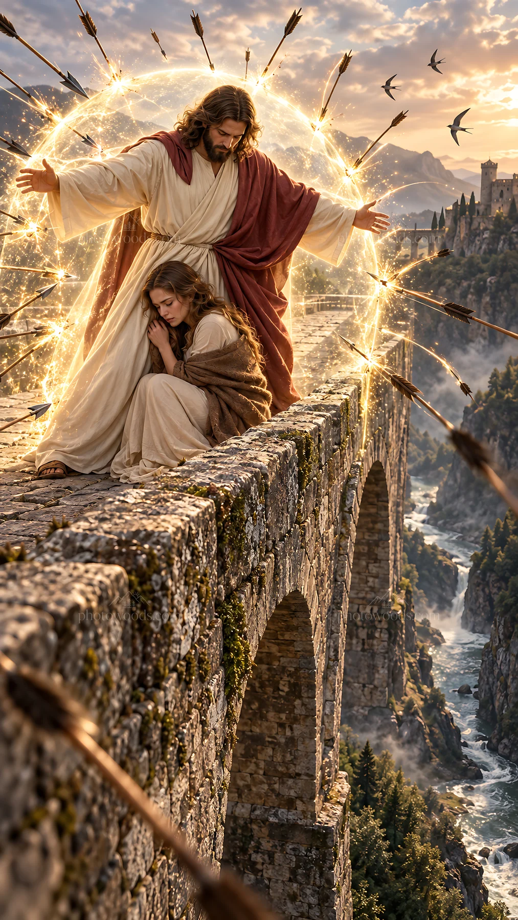Jesus Christ comforts a woman on a stone bridge - AI-generated stock image