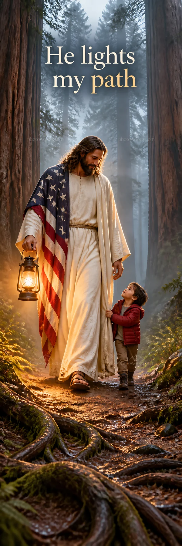 Jesus Christ walking with a child in the forest - AI-generated stock image