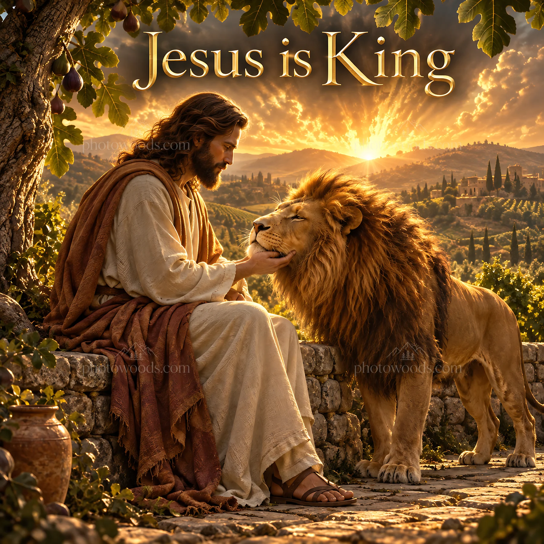 Jesus Christ comforting a lion in a beautiful sunset scene - AI-generated stock image