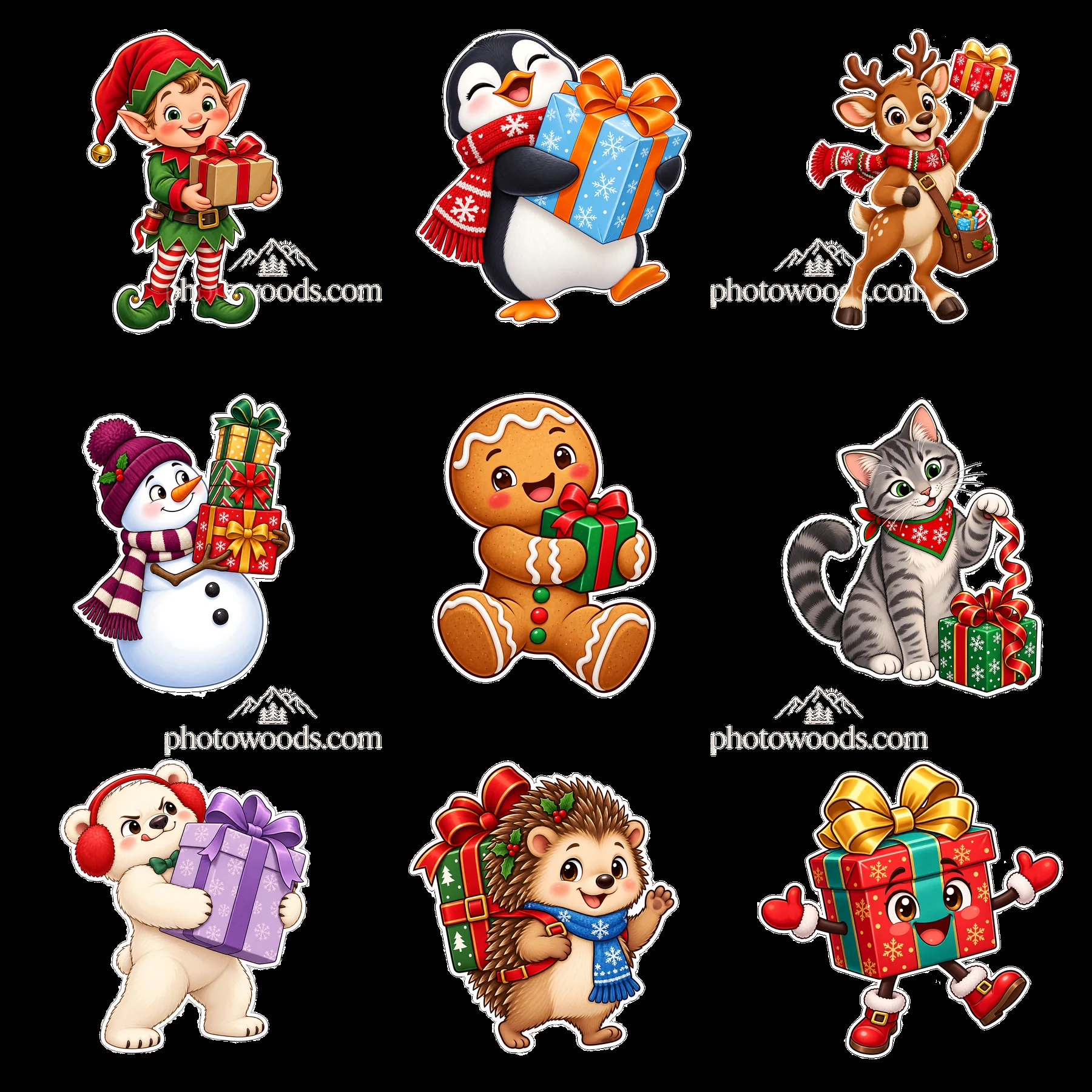 Festive cartoon characters with Christmas gifts in a 3x3 layout - AI-generated stock image